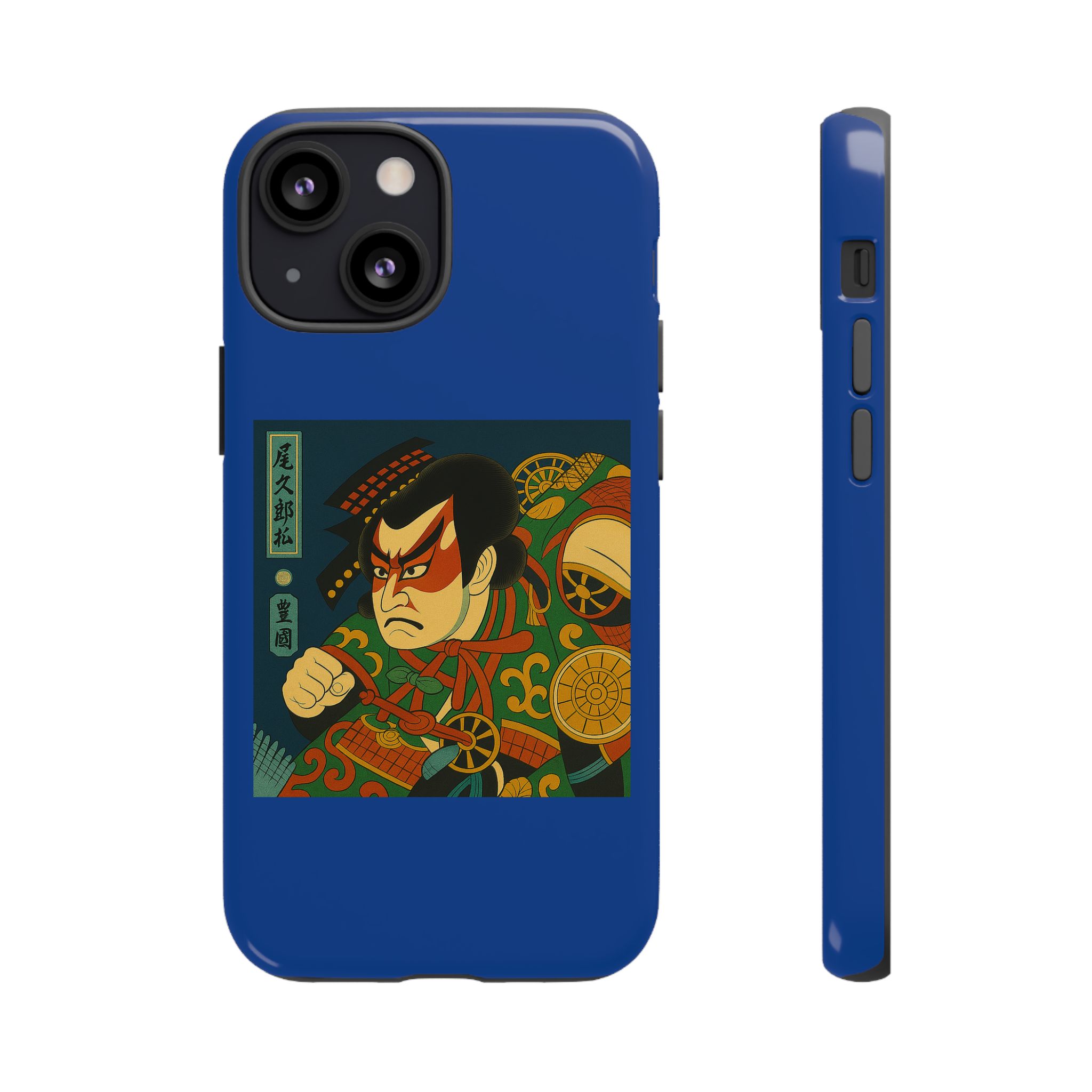 Blue phone case featuring traditional Japanese artwork of a samurai with a fierce expression.