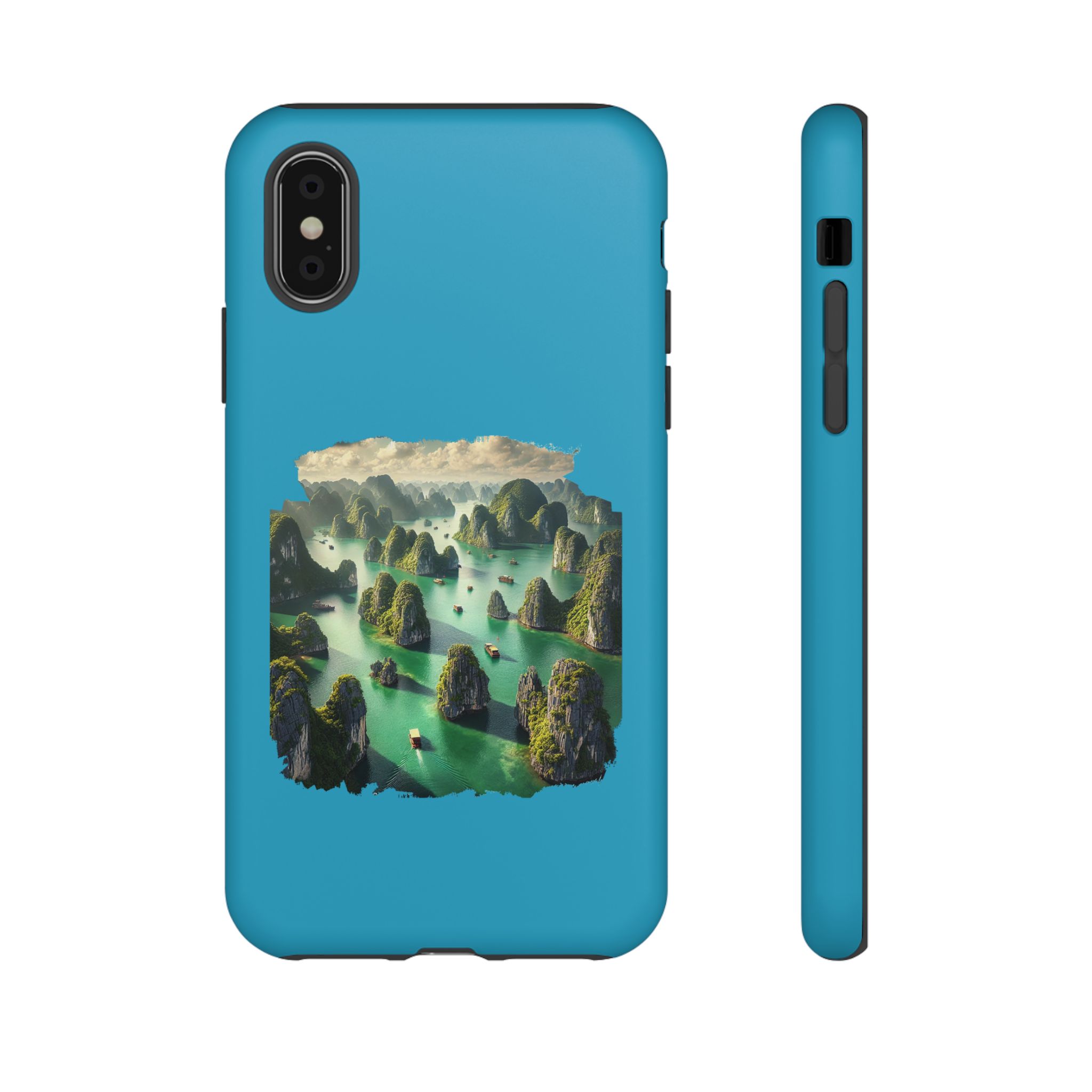 Blue phone case featuring a landscape design of rocky islands and water.