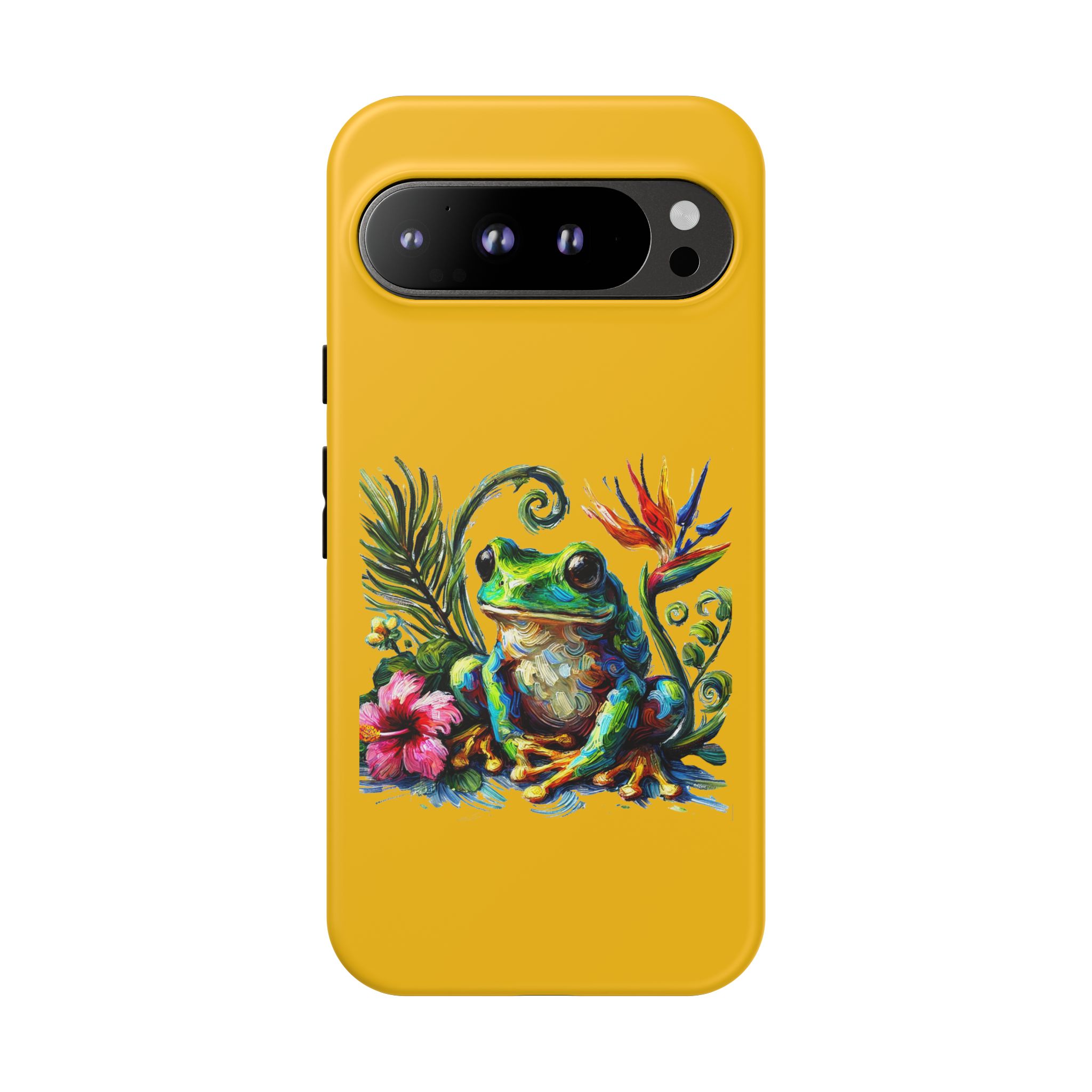 Yellow phone case featuring a colorful frog design with flowers and leaves.