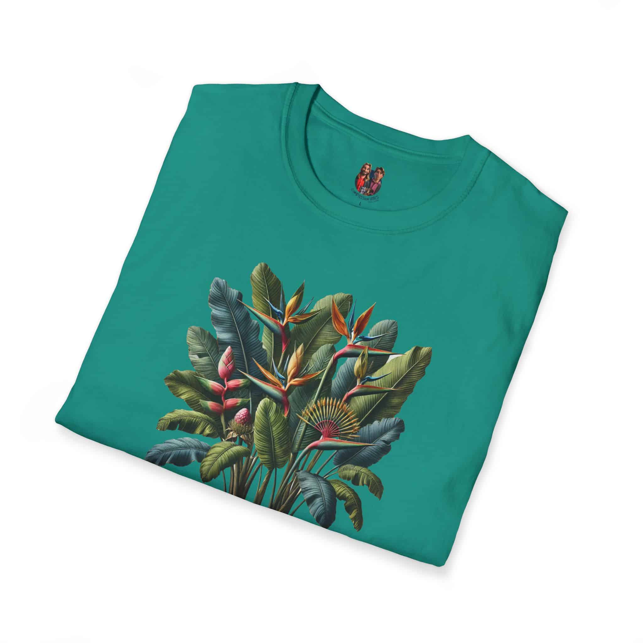 Teal t-shirt featuring a vibrant tropical print with various plants and flowers.