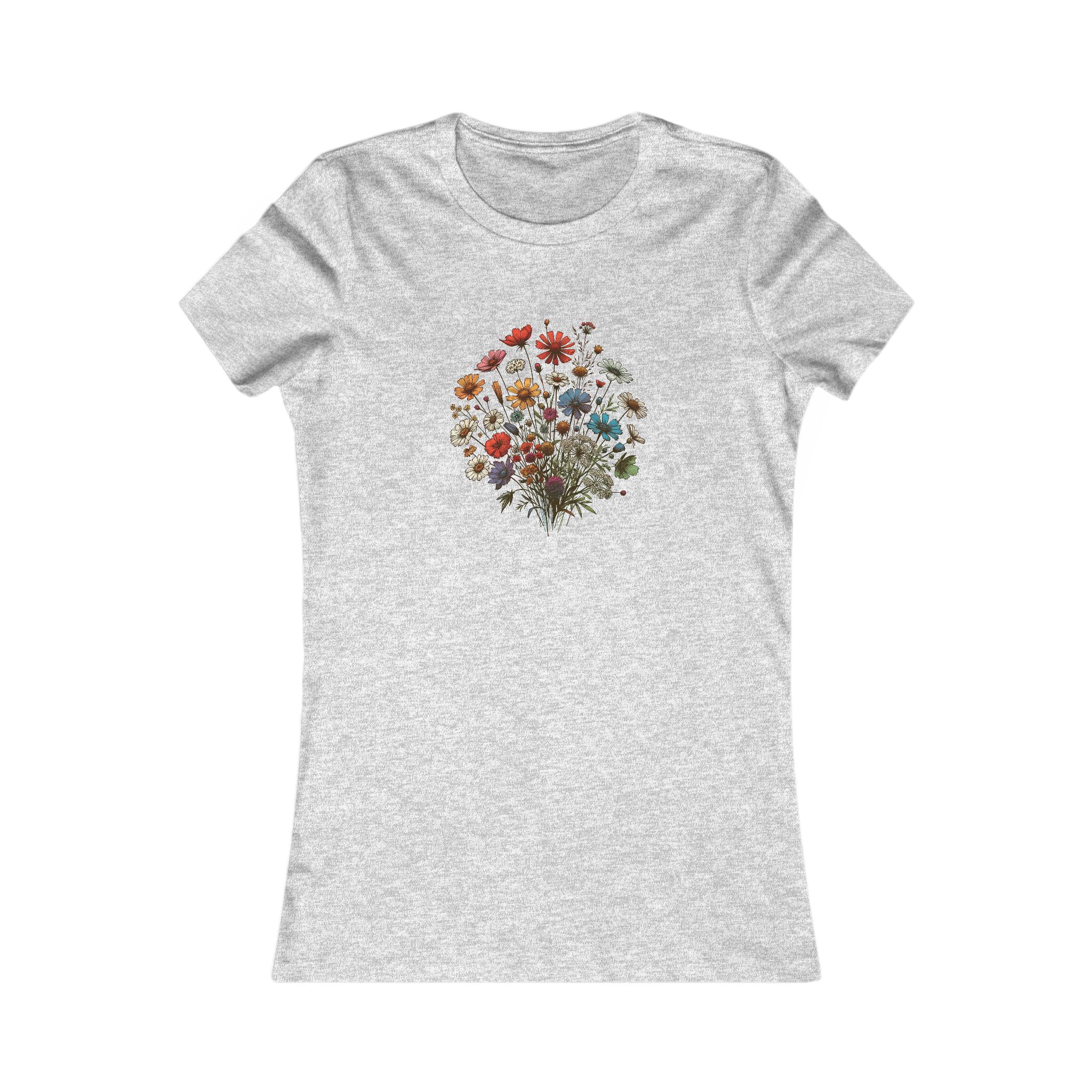 Gray t-shirt featuring a circular floral design with various colorful flowers.