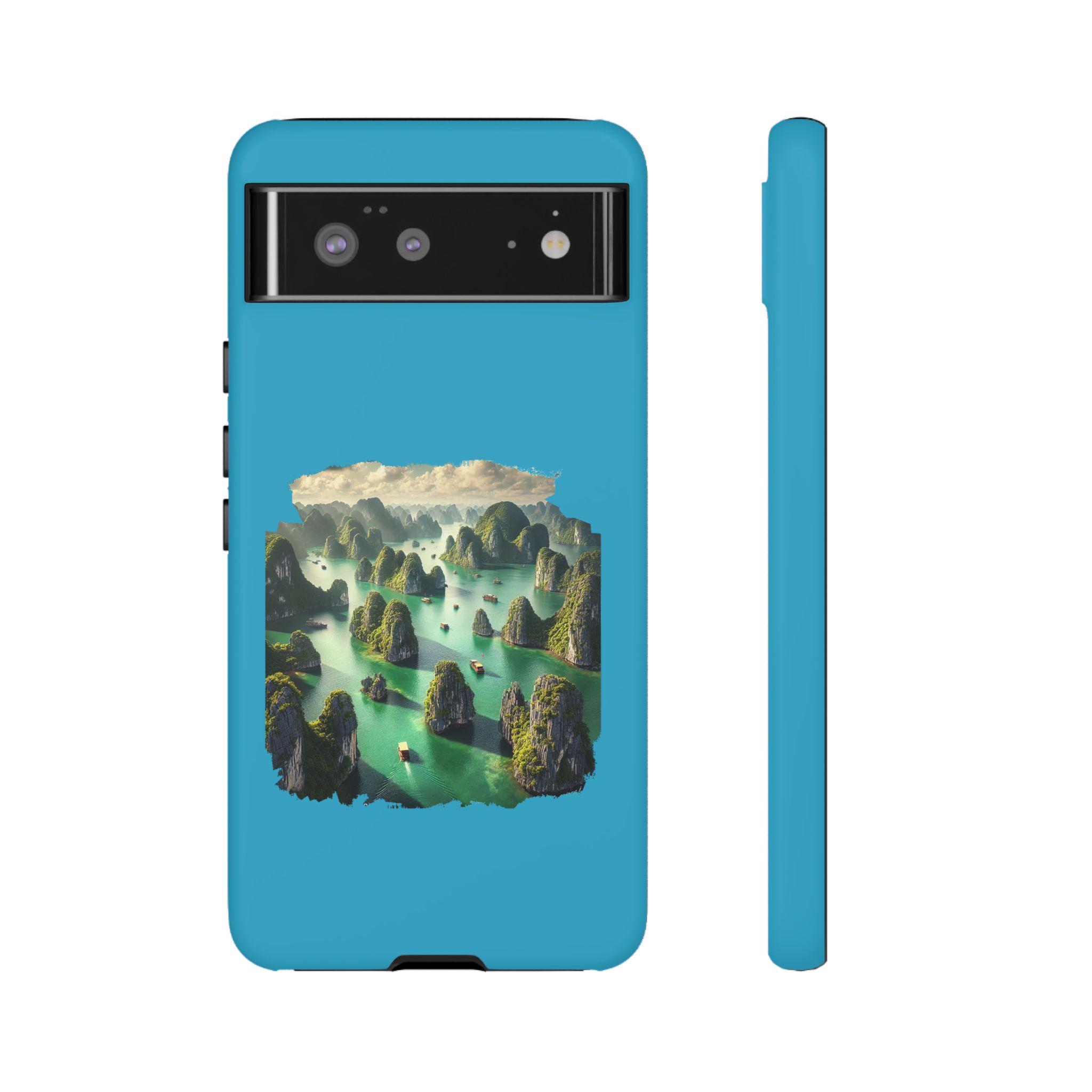 Blue phone case featuring a landscape design with islands and water in a scenic view.
