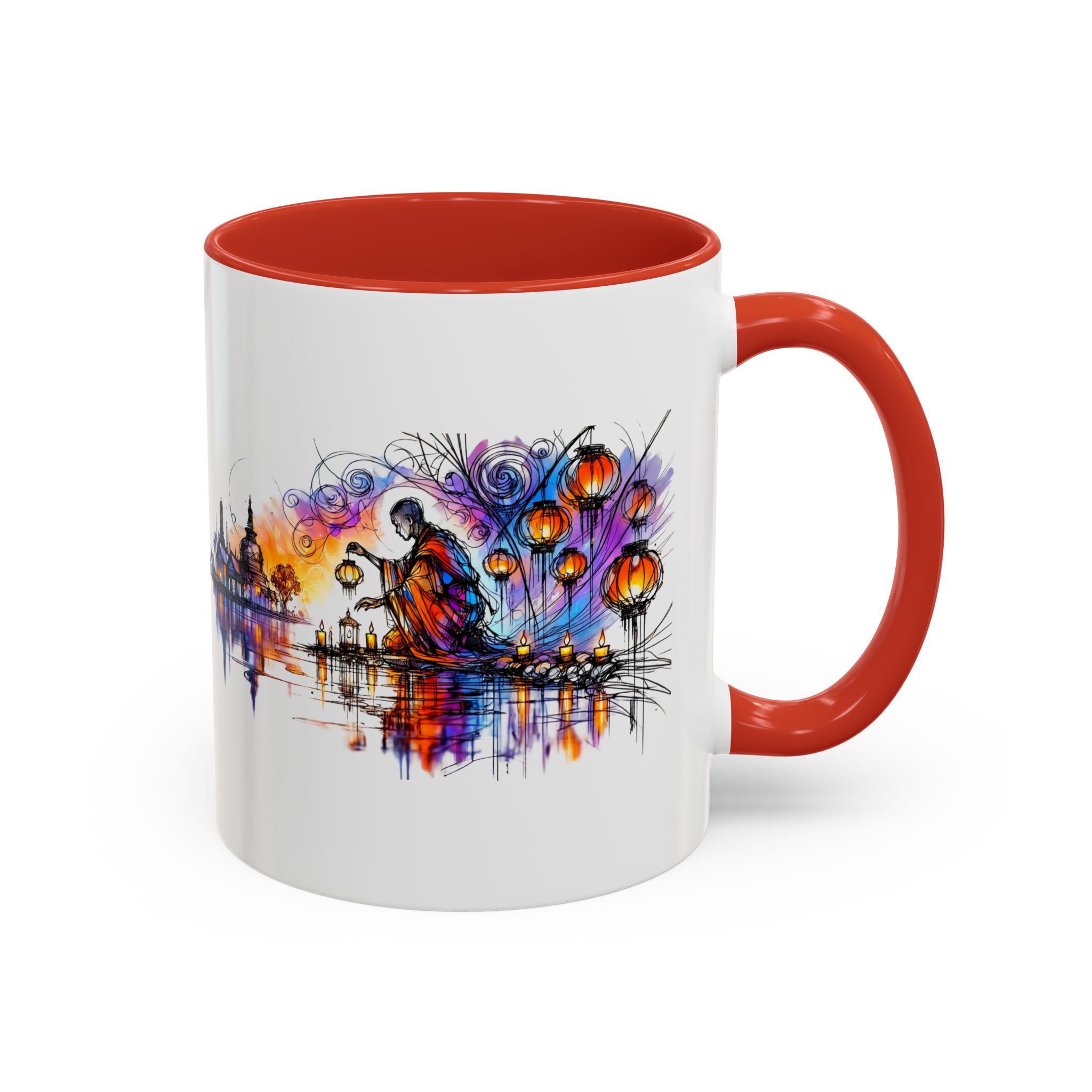 Mug with a vibrant artistic design featuring a figure and lanterns against a colorful background.