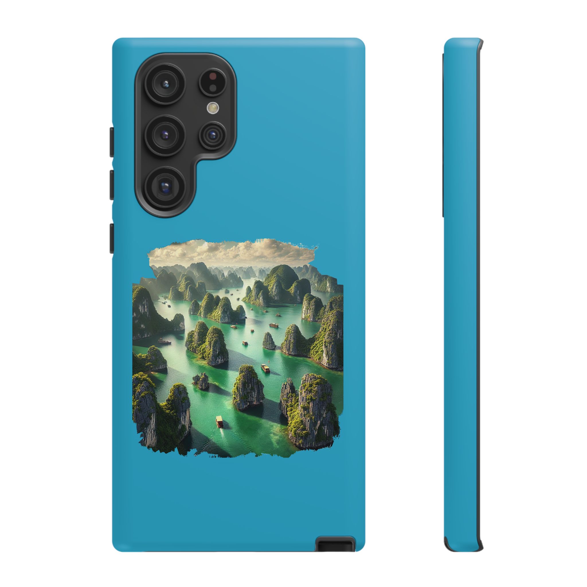 Blue phone case featuring a landscape design with islands and water in a natural setting.