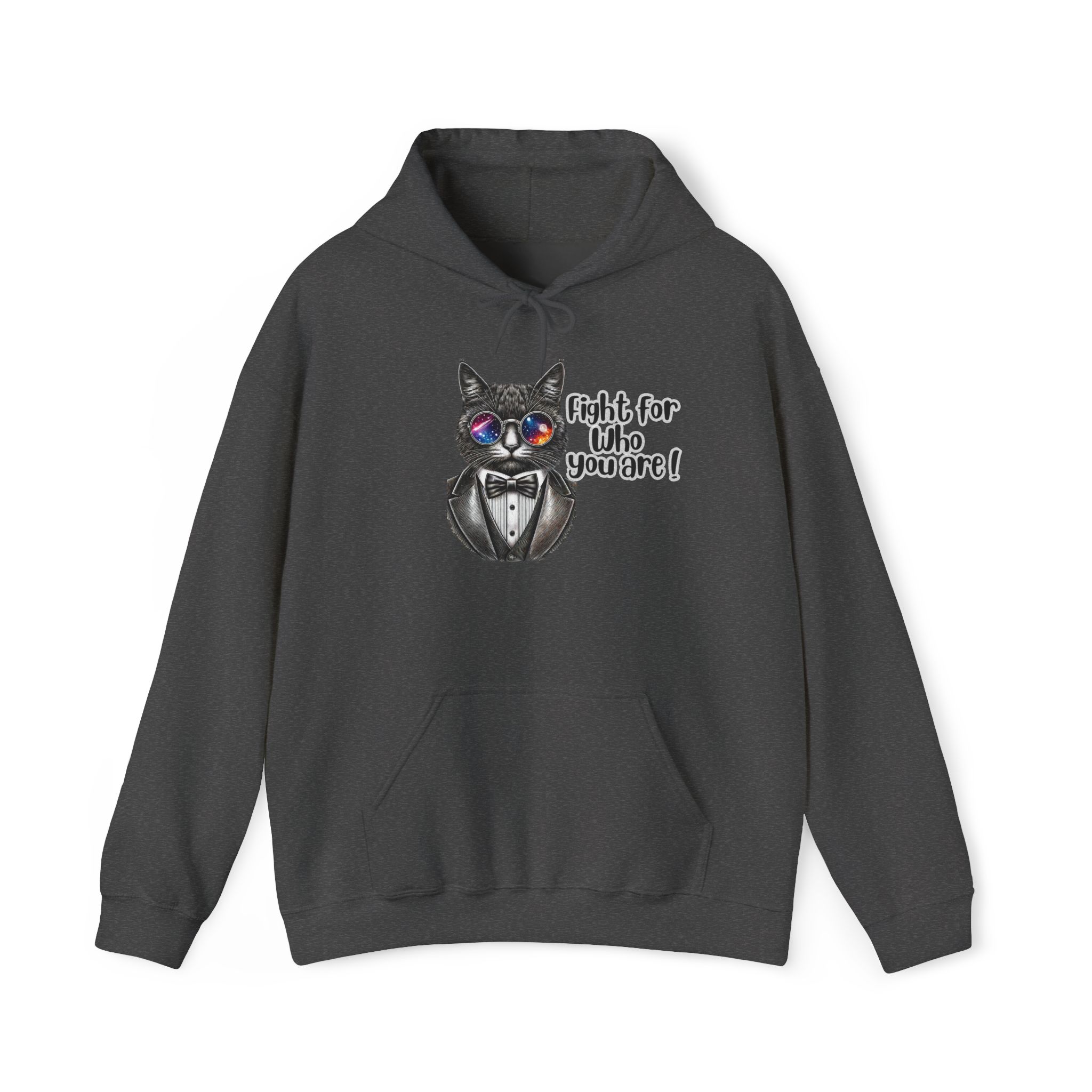 Dark hoodie featuring a graphic of a cat in a tuxedo with colorful glasses and the text 'Fight for who you are!'