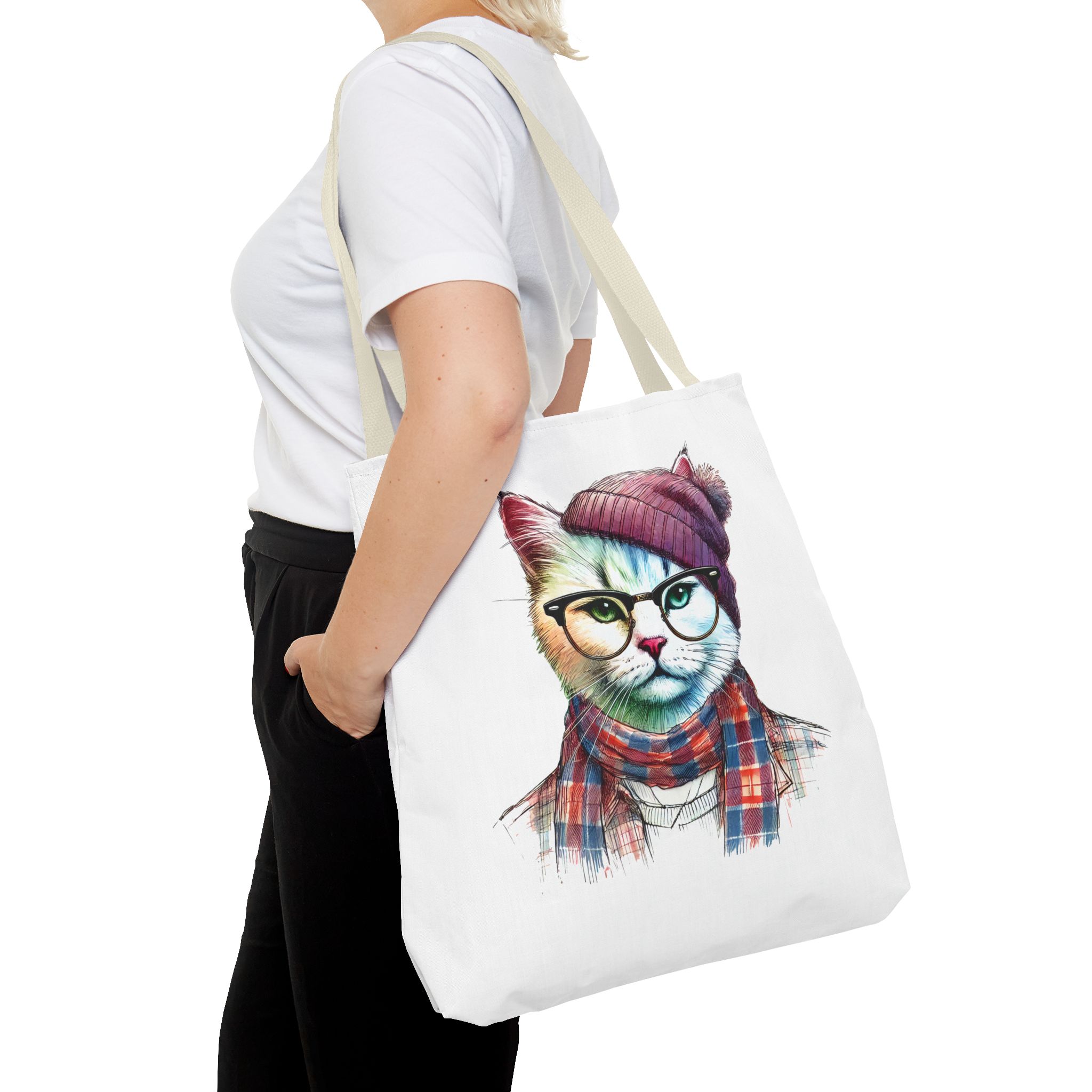 Cat hipster canvas tote bag pet lovers funny cute tote bag Hipster design handbag kitten design – Image 24