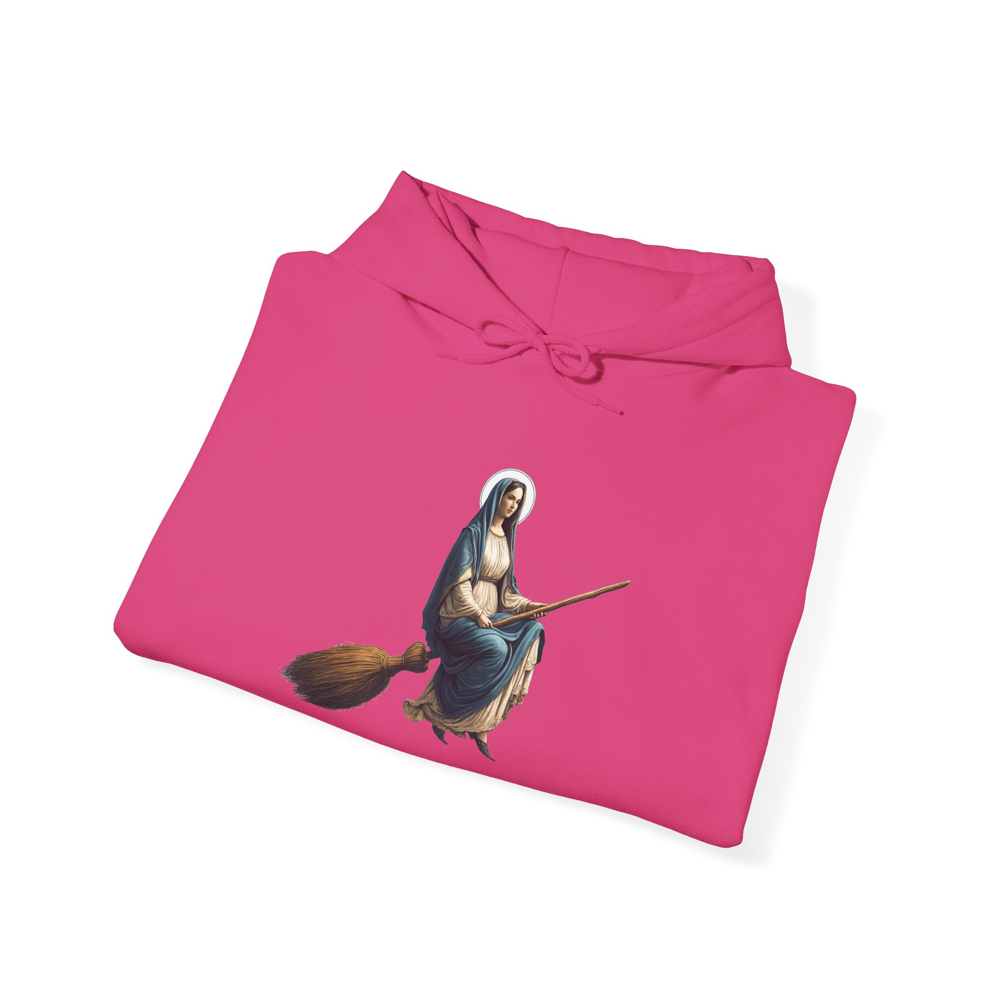 Pink hoodie featuring a graphic of a witch riding a broomstick, designed with a colorful illustration.