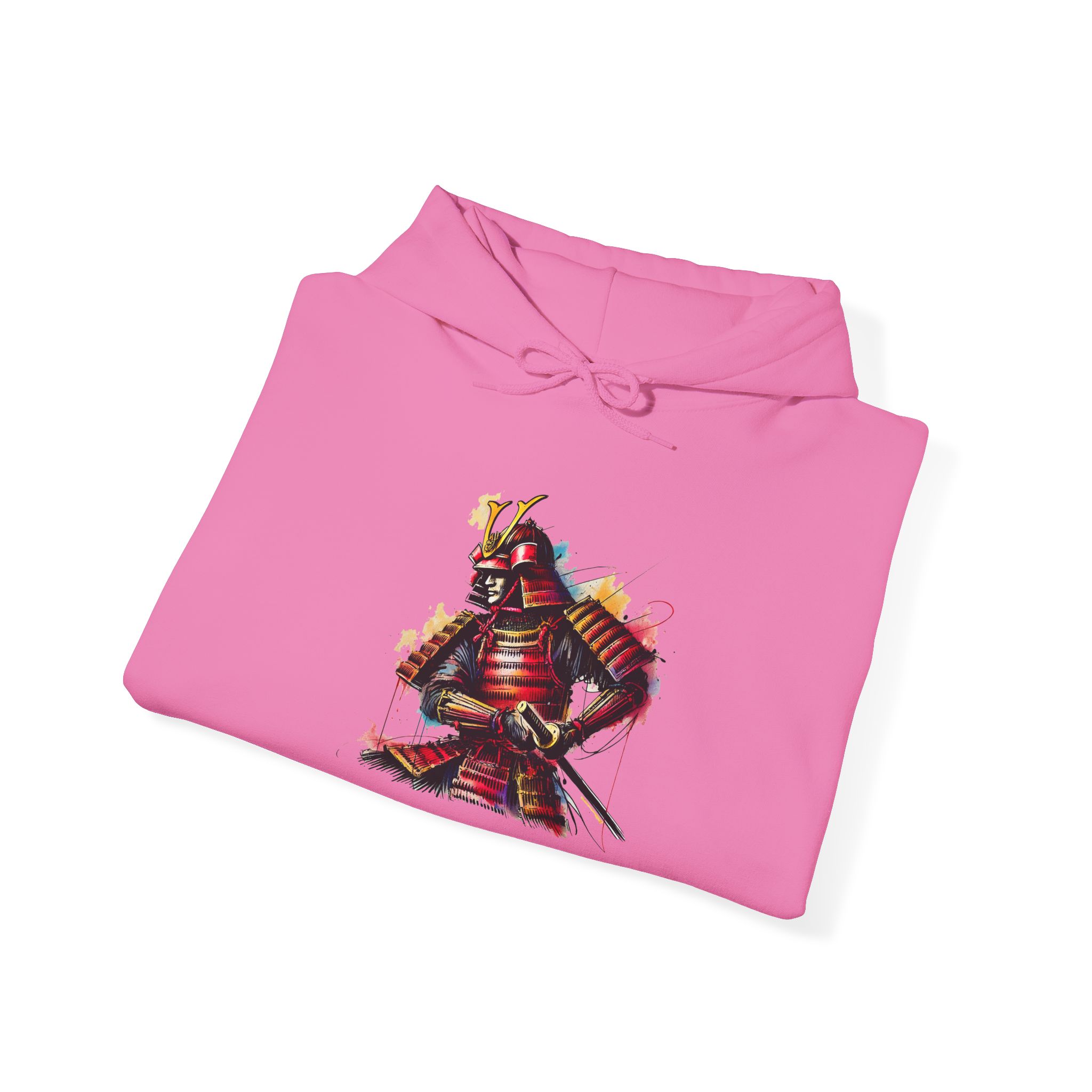Pink hoodie featuring a colorful samurai graphic design on the front.