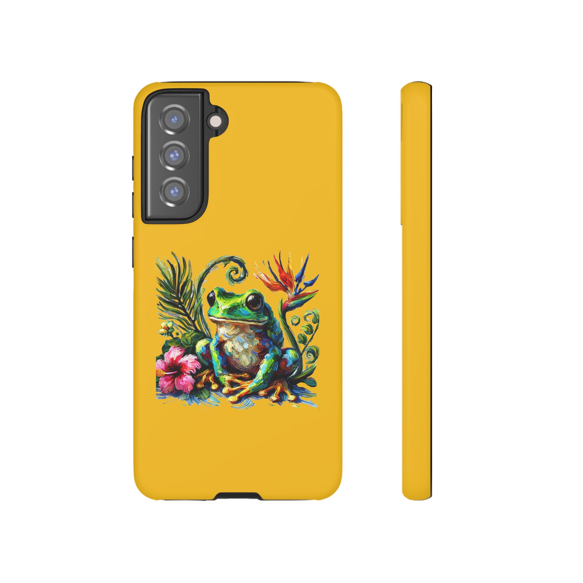 Phone case featuring a colorful frog design with tropical flowers and leaves on a yellow background.
