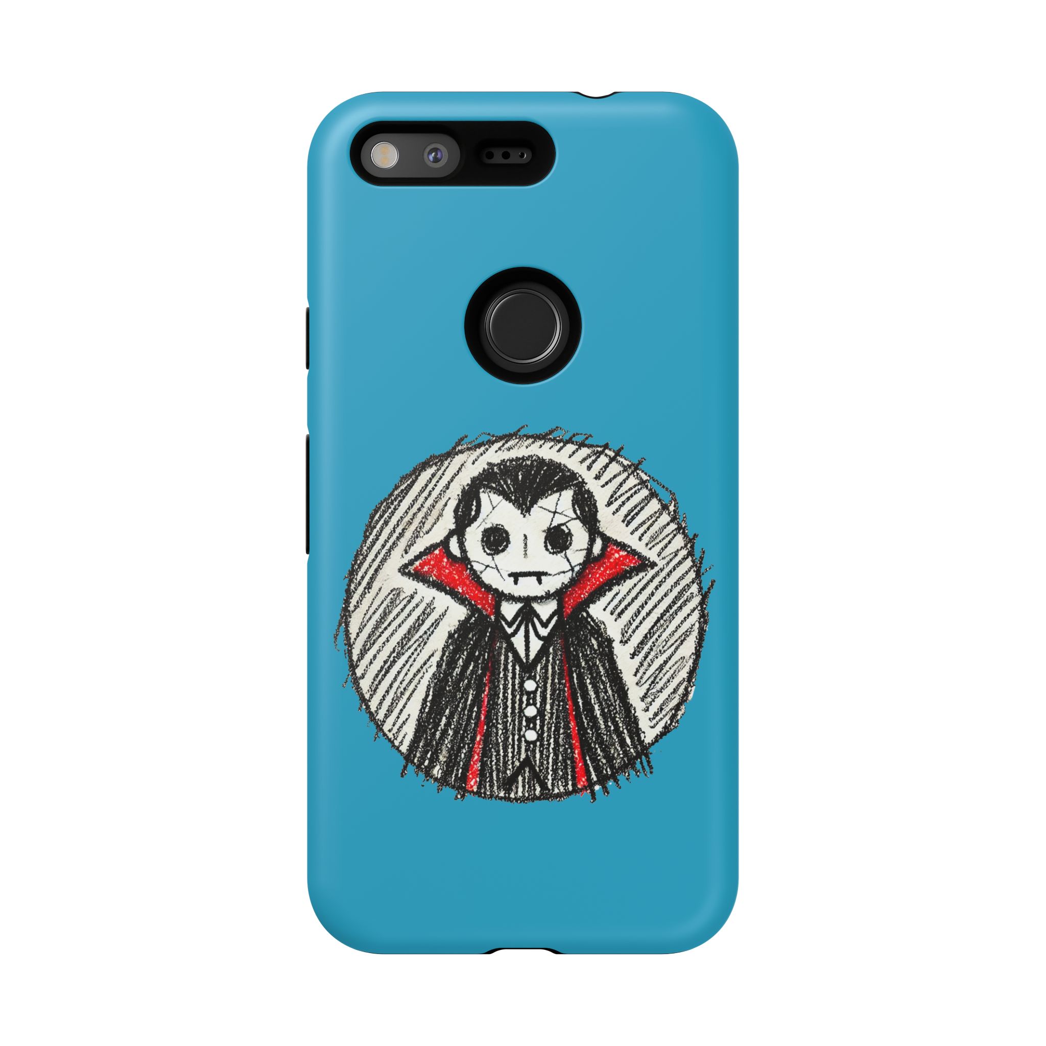 Cartoon drawing of a vampire character on a blue phone case with a round background.