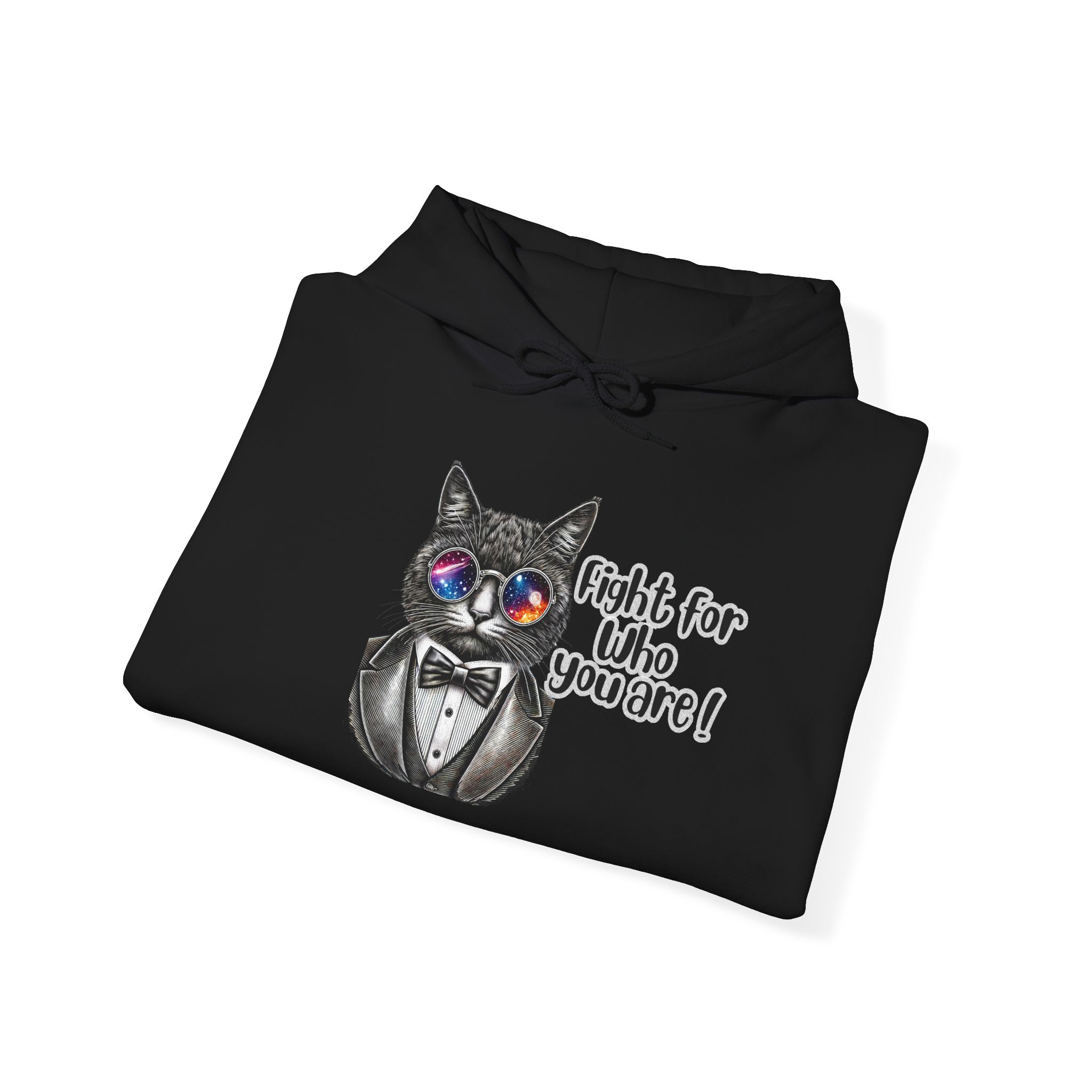 Black hoodie featuring a cat in a tuxedo with colorful sunglasses and the text 'Fight for who you are!'