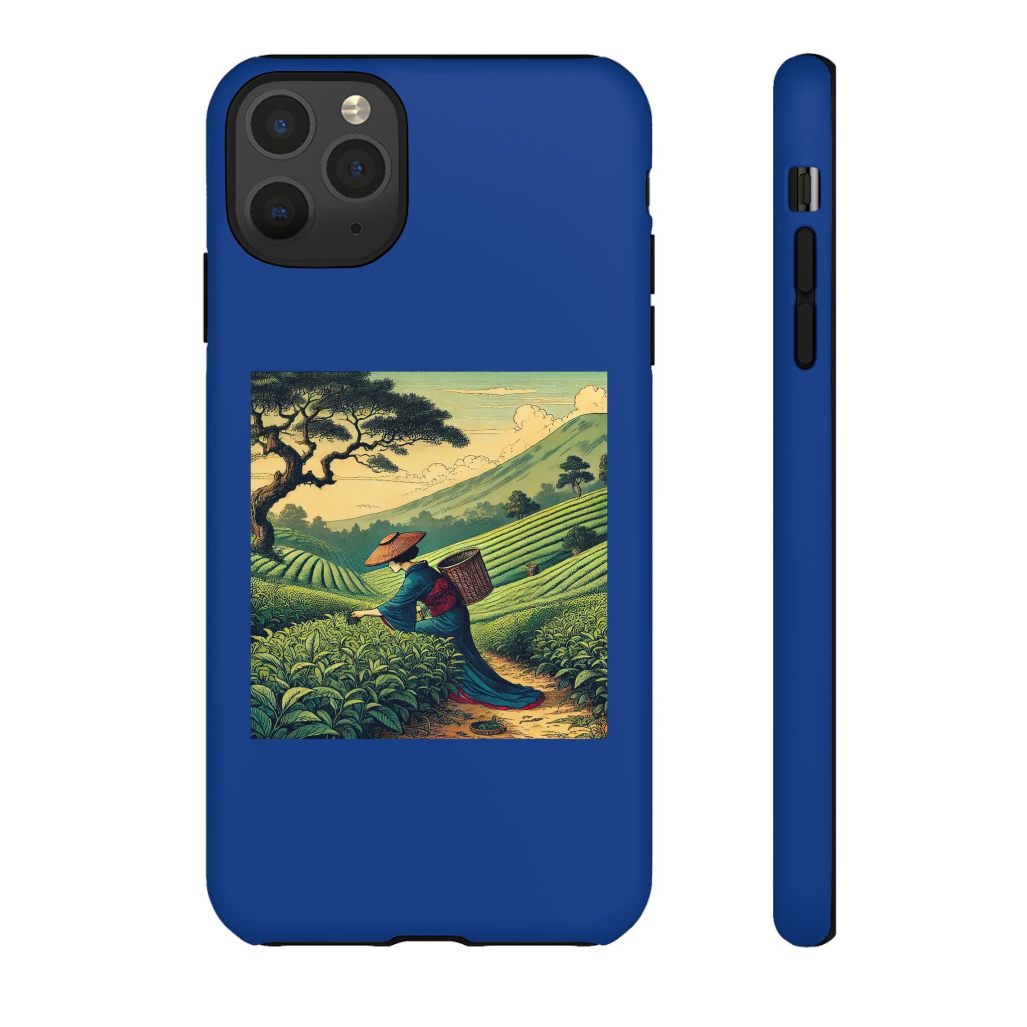 Blue phone case featuring artwork of a tea plantation with a person carrying a basket in a rural landscape.