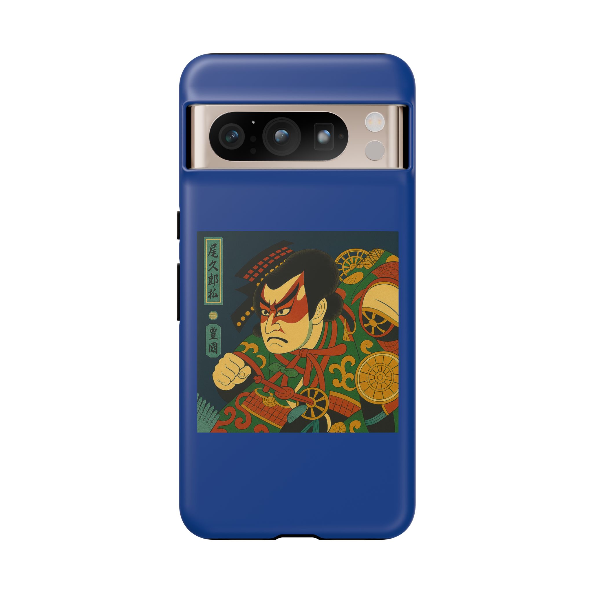 Blue phone case featuring traditional Japanese artwork of a warrior with bold colors and intricate designs.