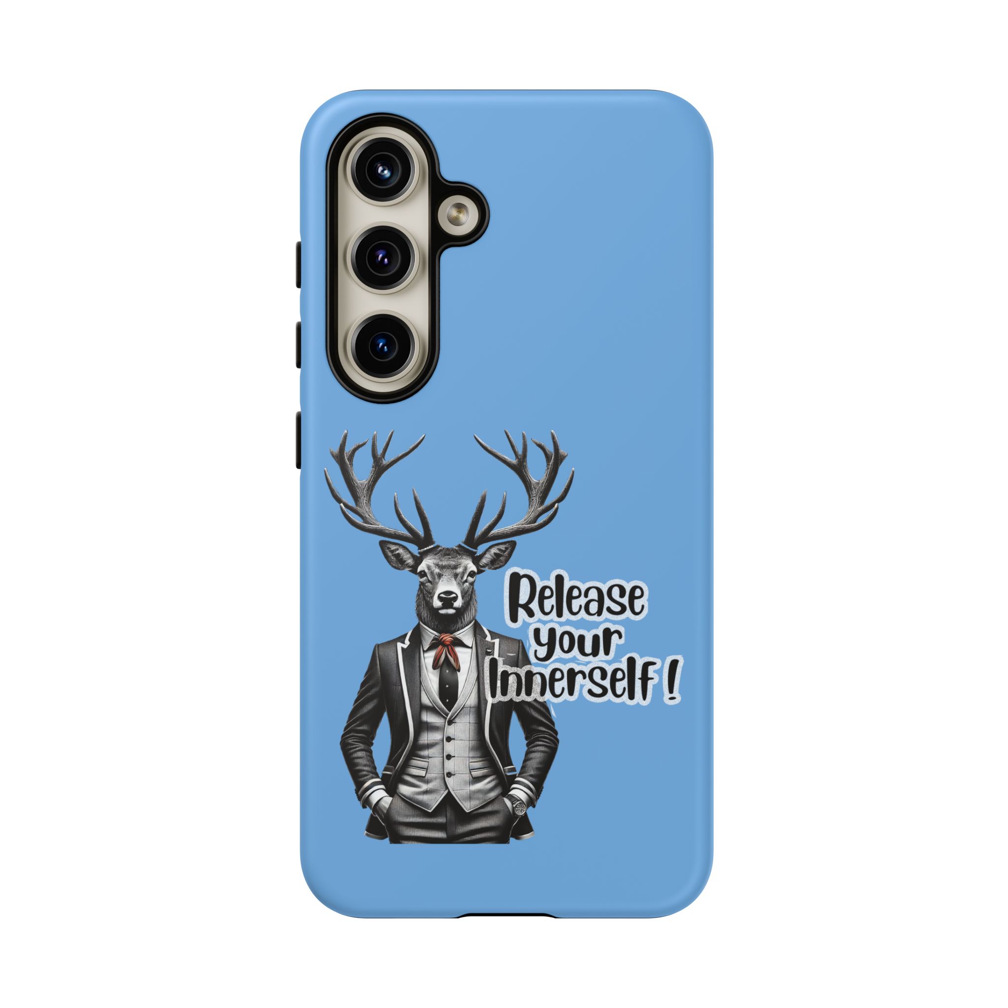 Phone case featuring a deer wearing a suit with the text 'Release your Inner self!' in bold letters.