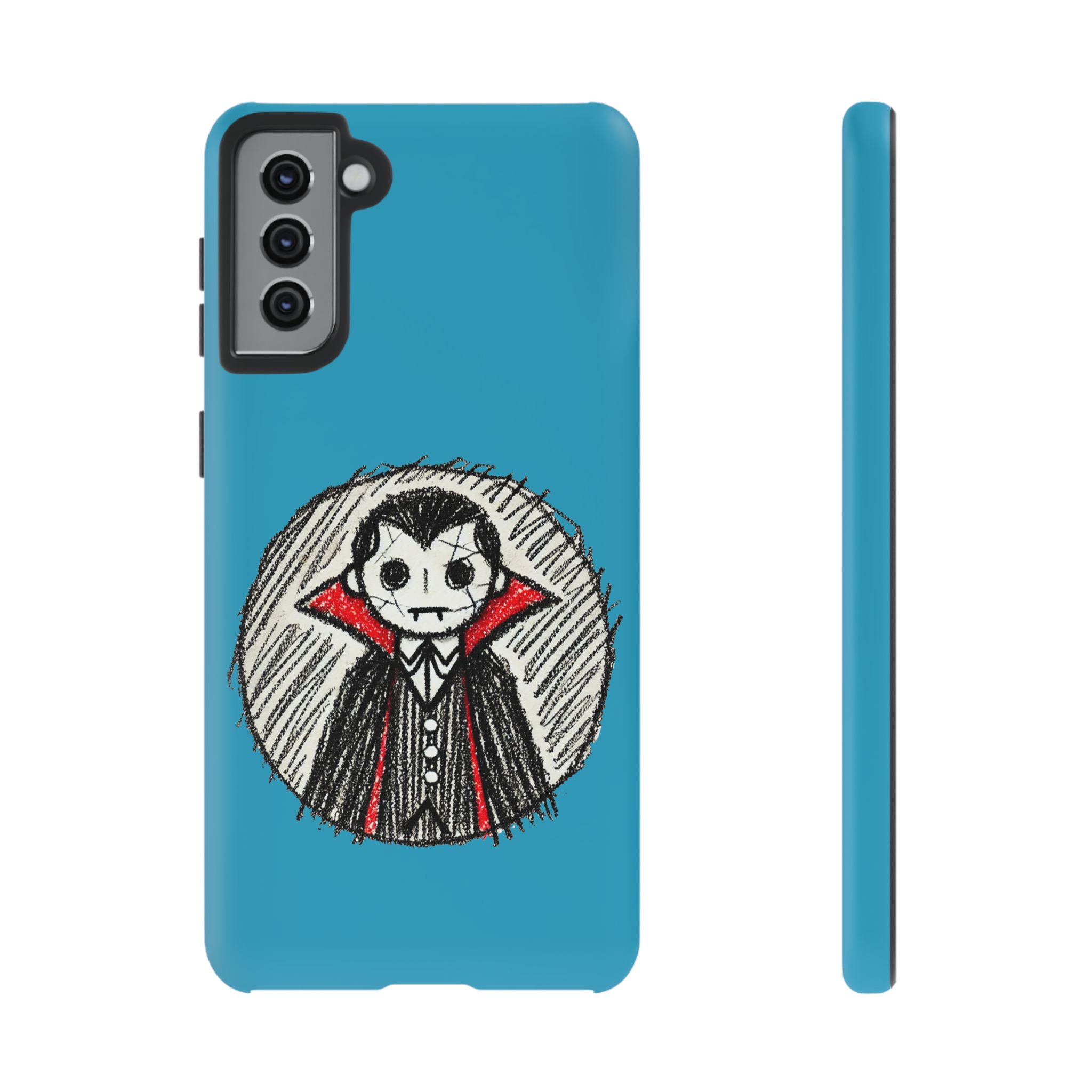 Blue phone case featuring a cartoon drawing of a Dracula character with a red cape and fangs.
