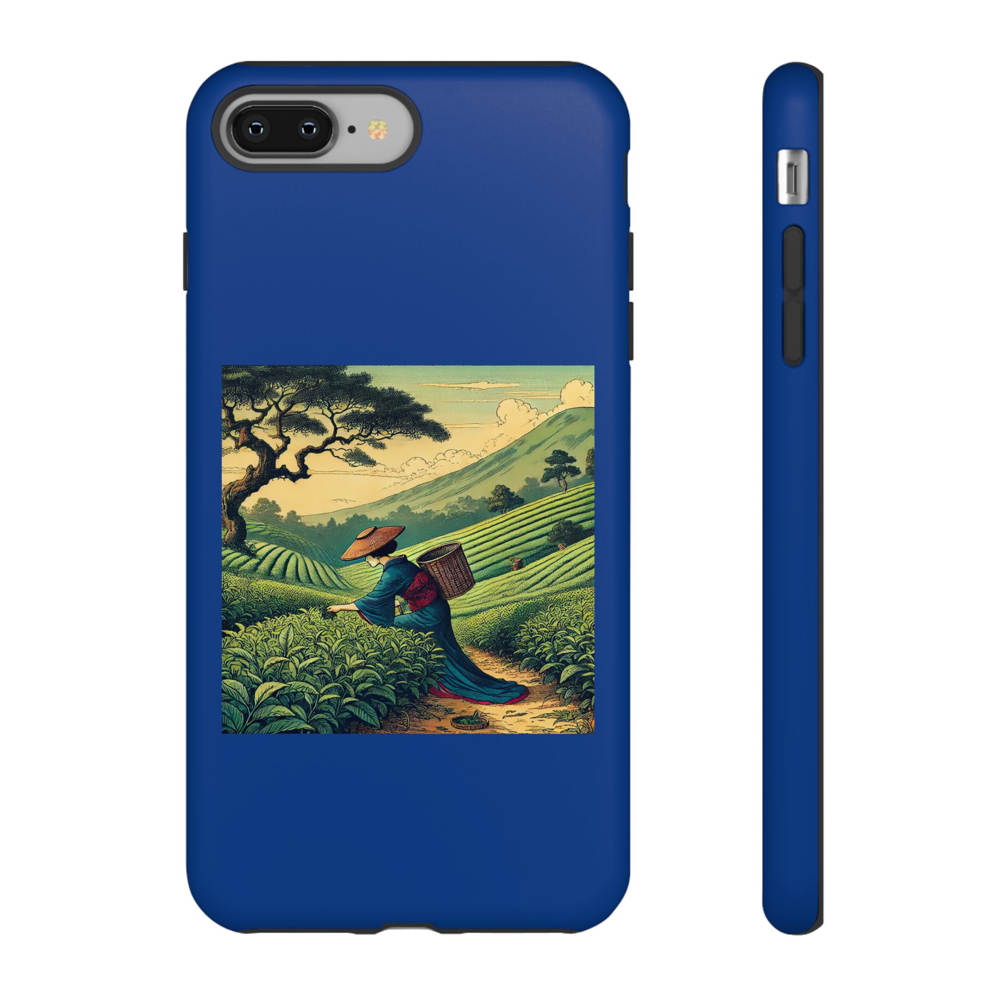 Blue phone case featuring an illustration of a tea picker in a lush green landscape.