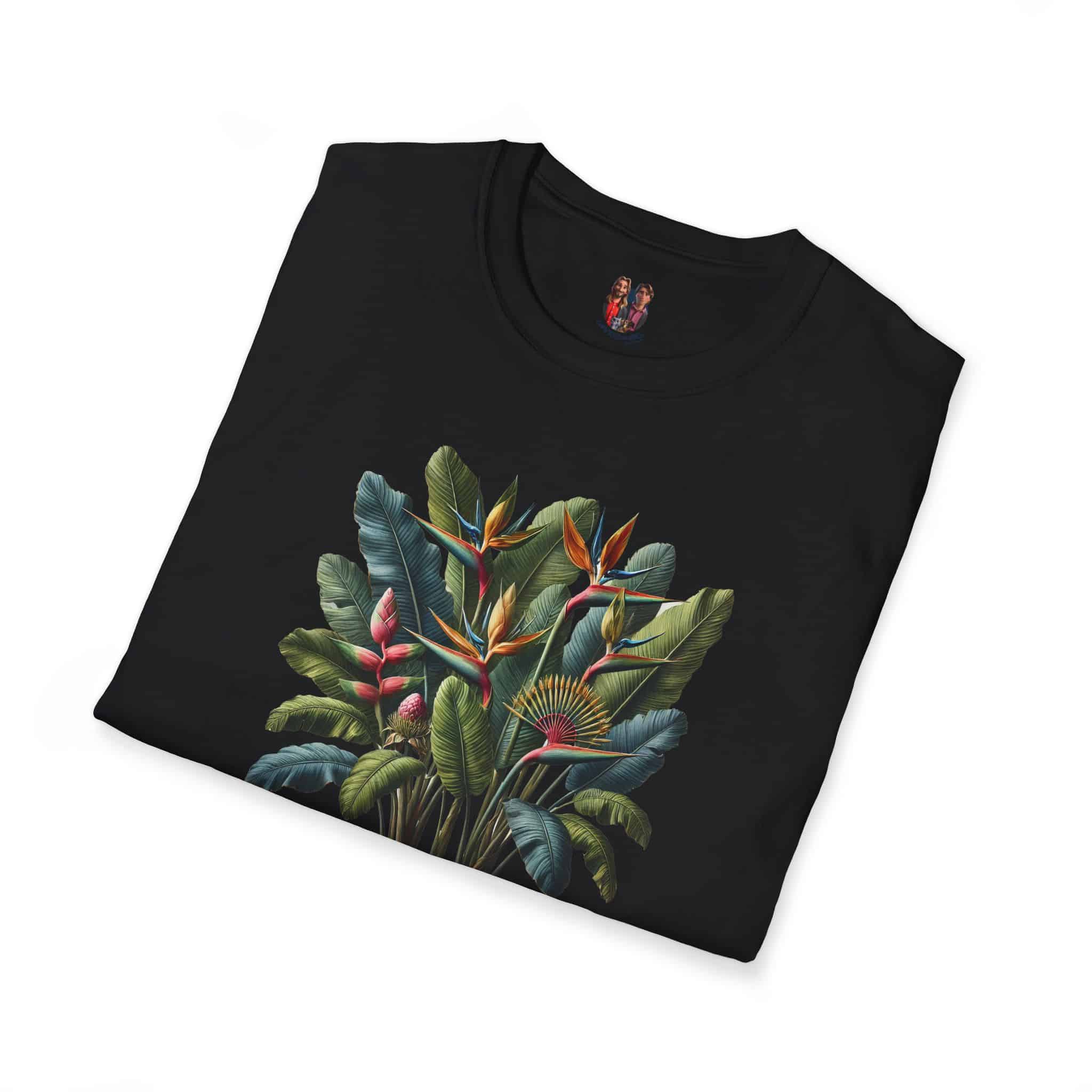 Black T-shirt featuring a vibrant tropical print with birds of paradise and green leaves.