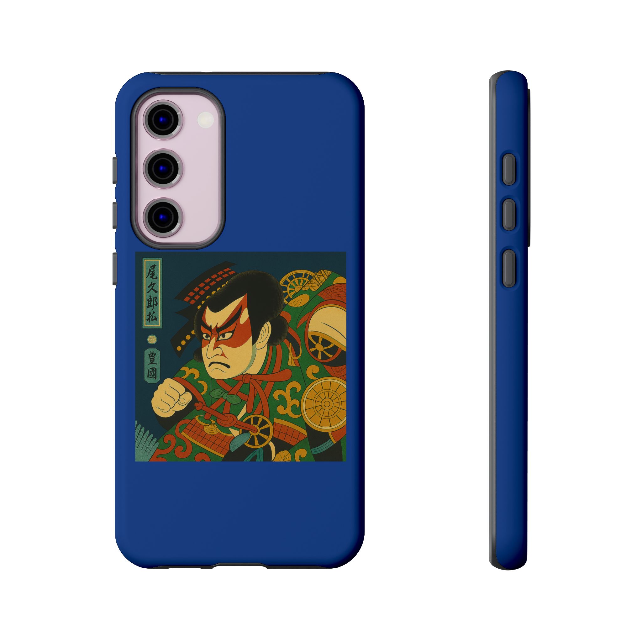 Blue smartphone case featuring traditional Japanese artwork of a warrior with a fierce expression.