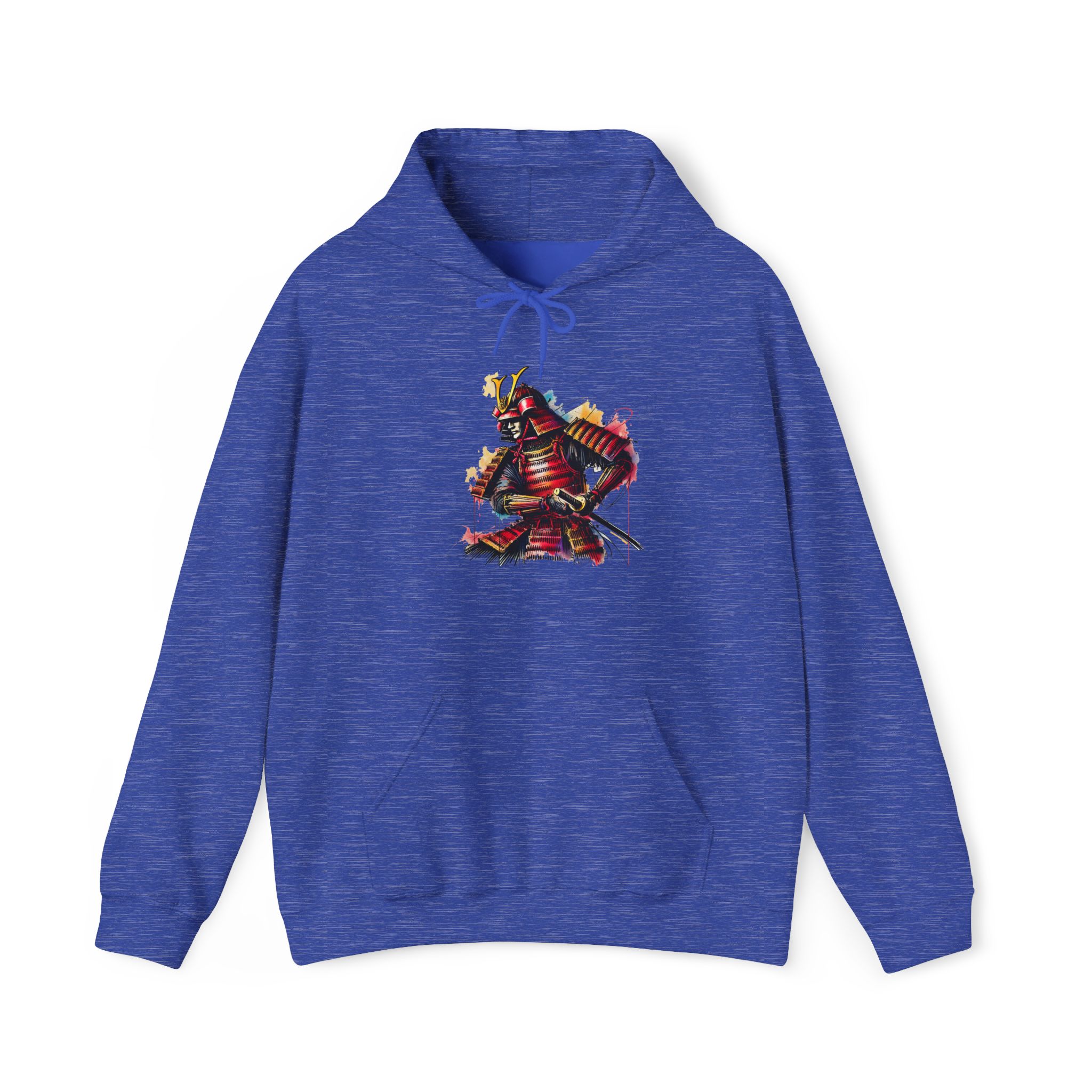 Blue hoodie featuring a graphic design of a samurai in vibrant colors.