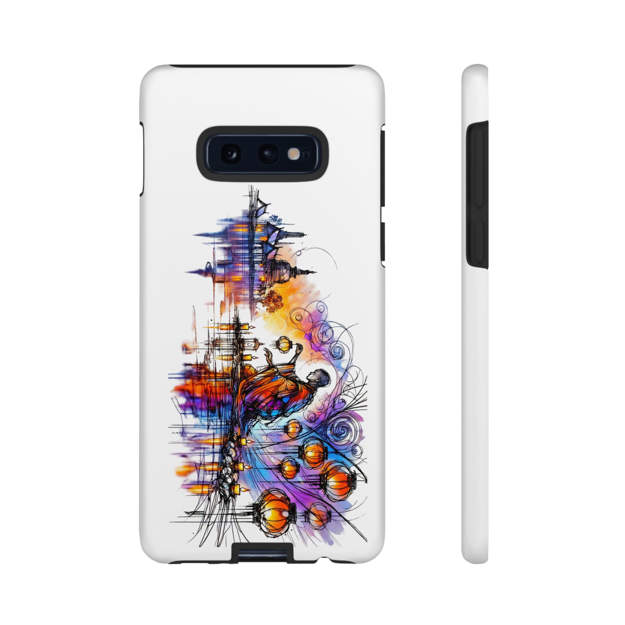 Phone case featuring an abstract design with vibrant colors and artistic elements.