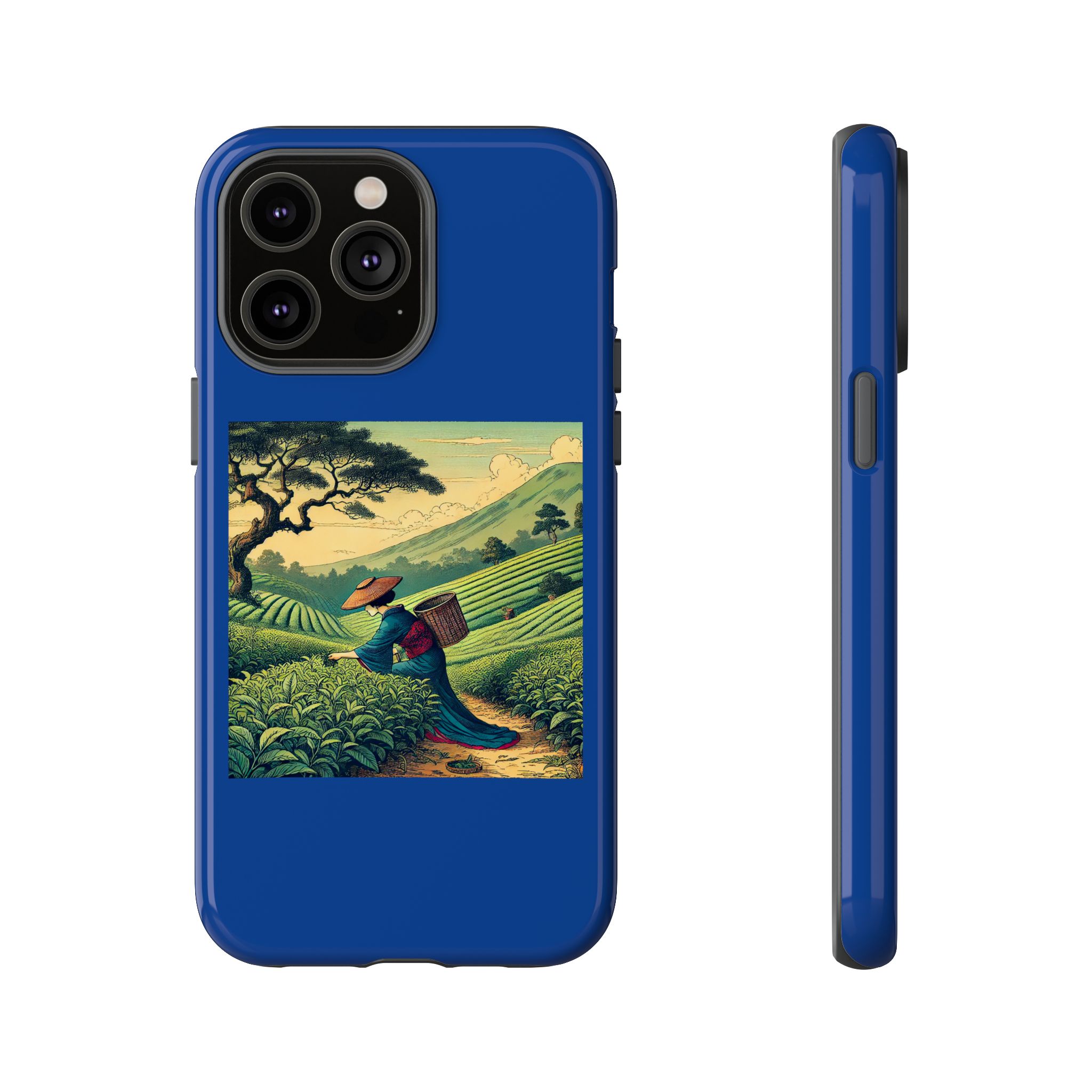 Blue phone case featuring a landscape artwork of a farmer in a tea plantation.