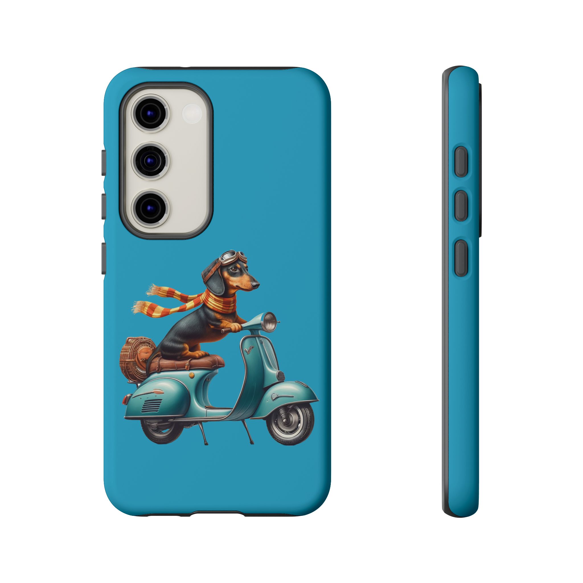 Phone case featuring a dachshund wearing goggles and a scarf riding a scooter.