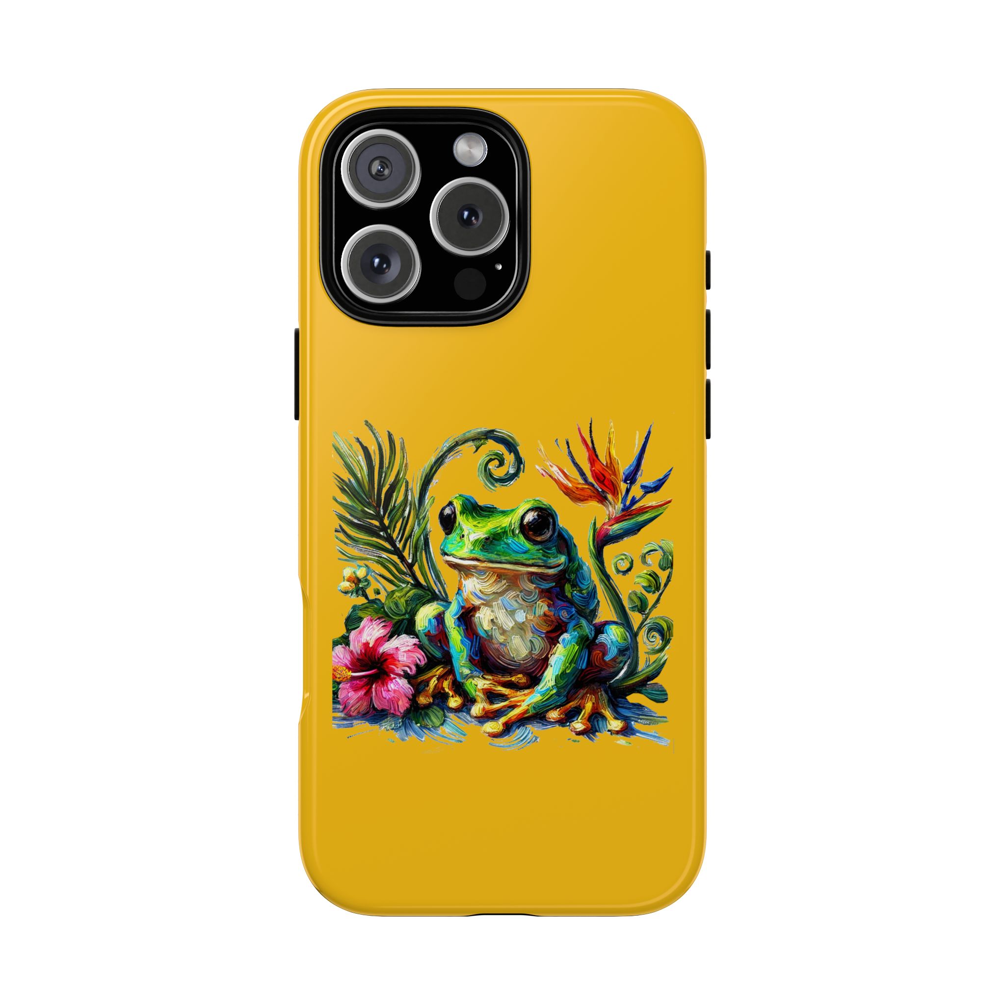 Vibrant phone case with a frog illustration surrounded by tropical plants and flowers.