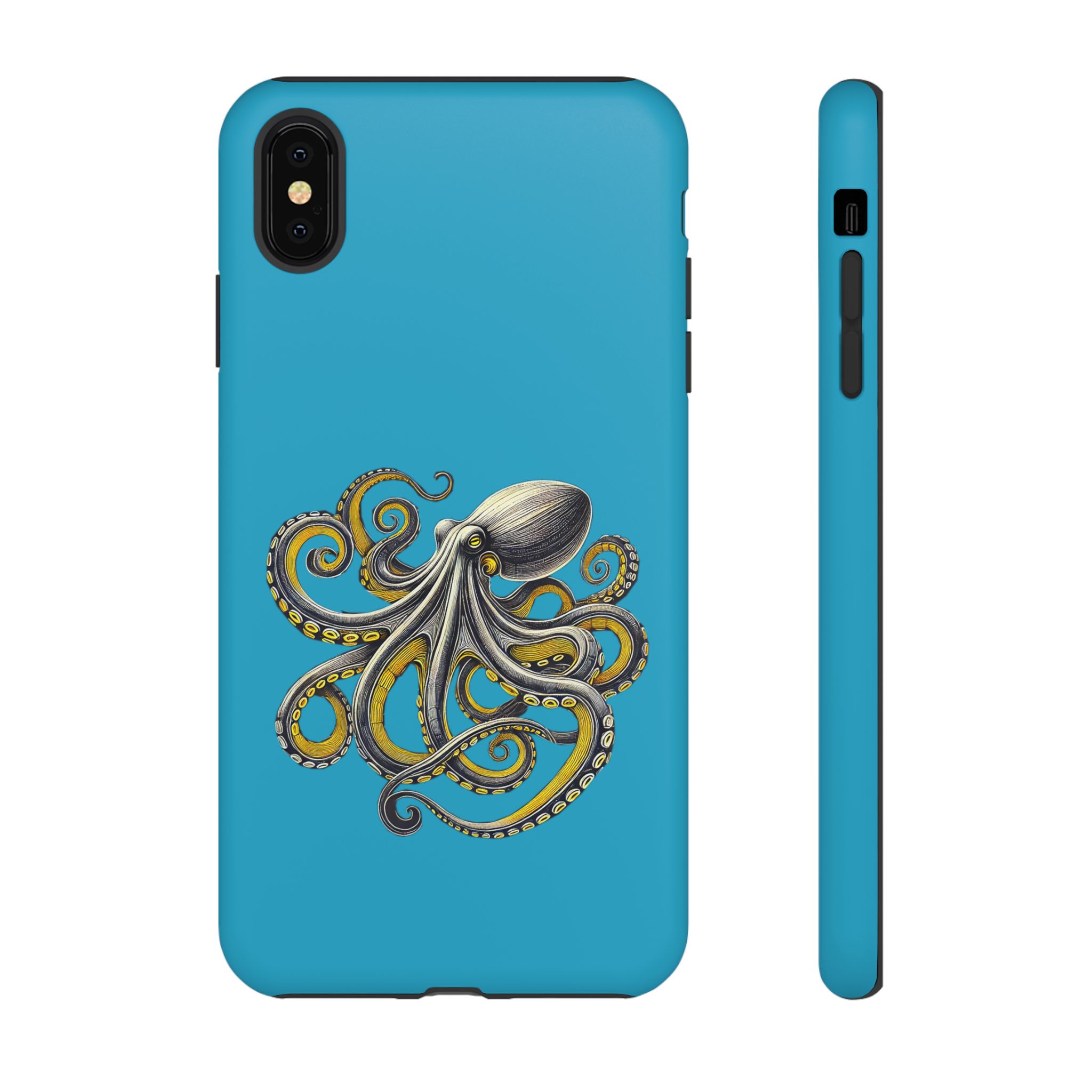 Phone case with a blue background featuring an illustration of an octopus with detailed tentacles.