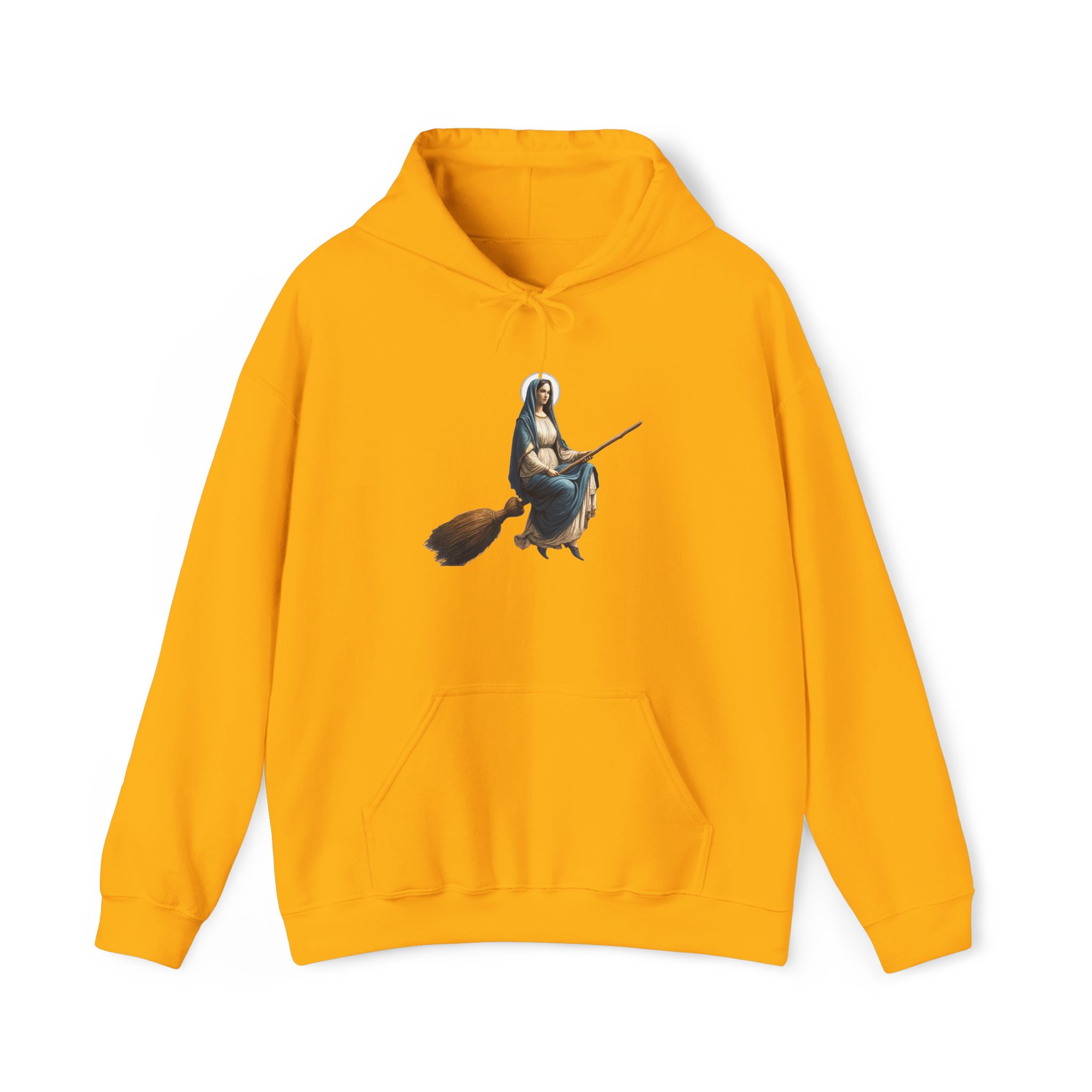 Yellow hoodie featuring a graphic of a witch flying on a broomstick.