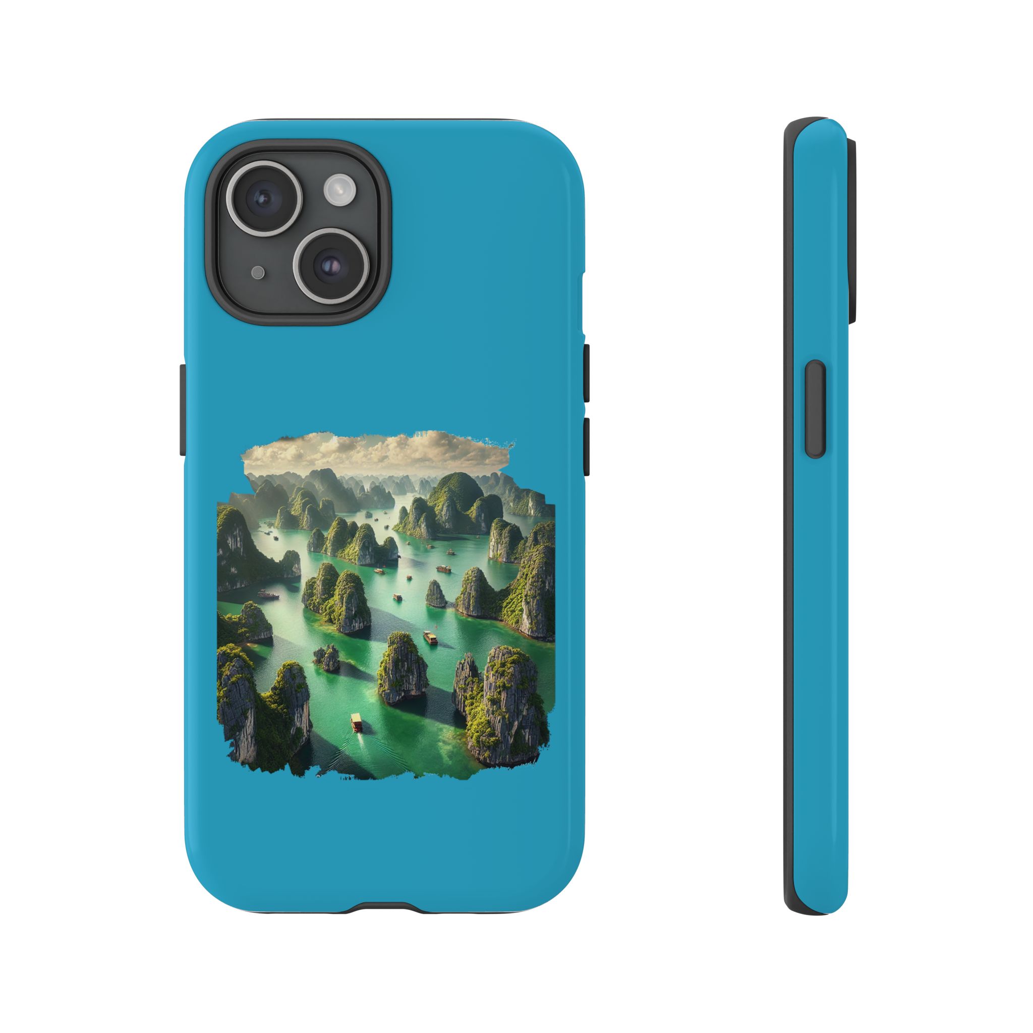 Phone case featuring a scenic landscape with mountains and boats on water in vibrant colors.