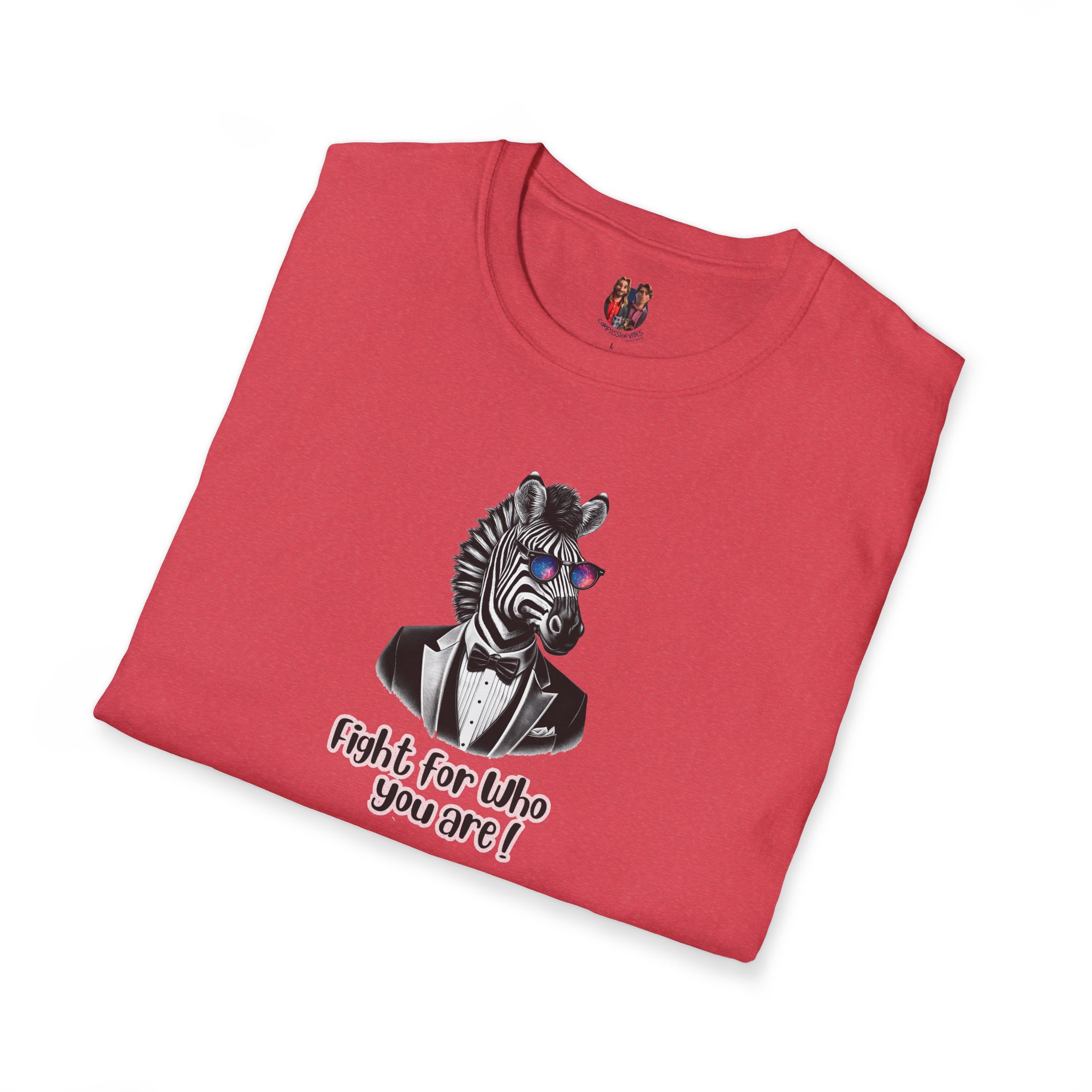 Red t-shirt featuring a zebra wearing sunglasses and a tuxedo with the text 'Fight for who you are!'