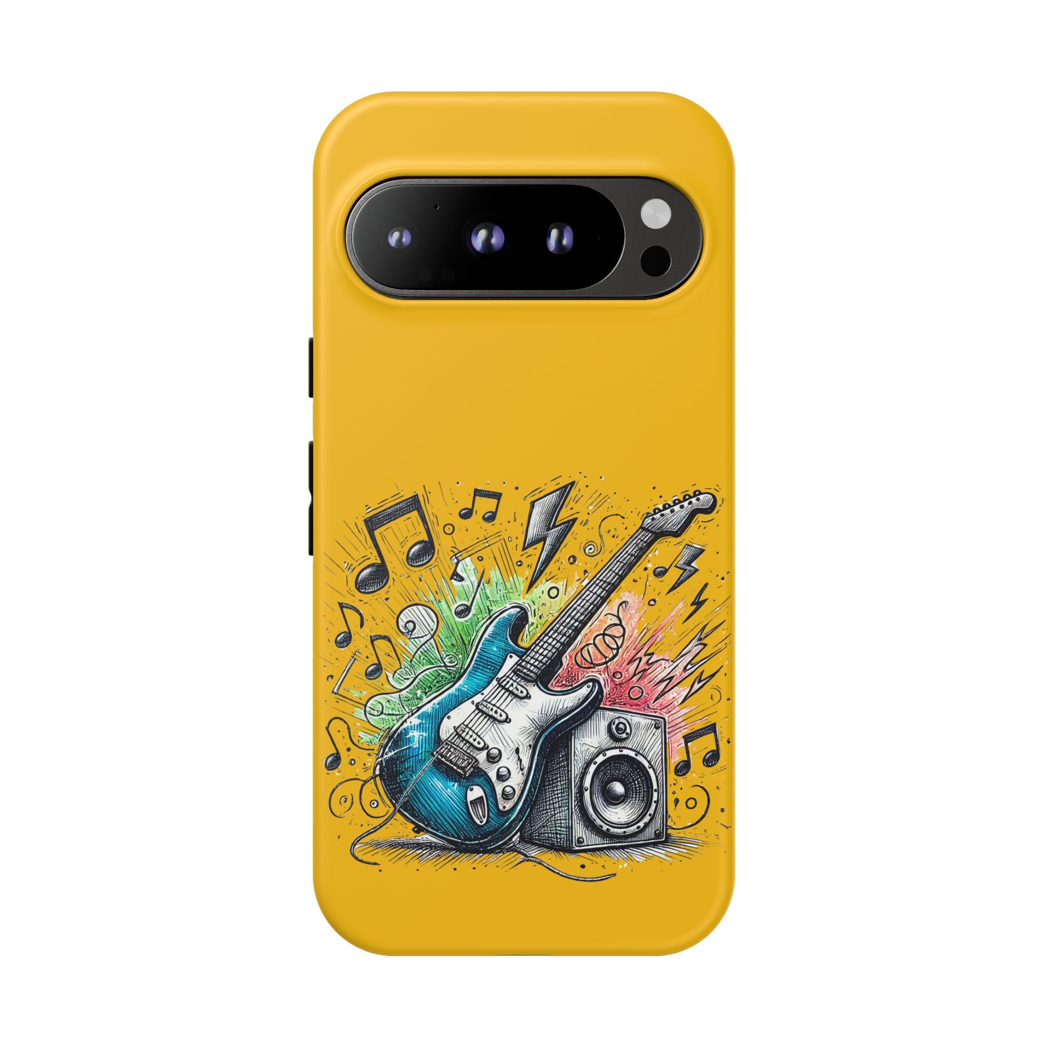 Yellow phone case featuring a graphic of an electric guitar and musical notes.