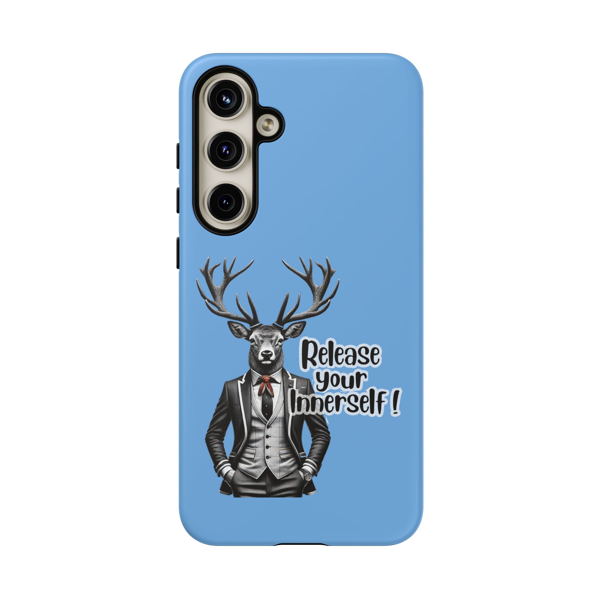 Phone case featuring a deer wearing a suit and the text 'Release your Inner self!' in a playful design.