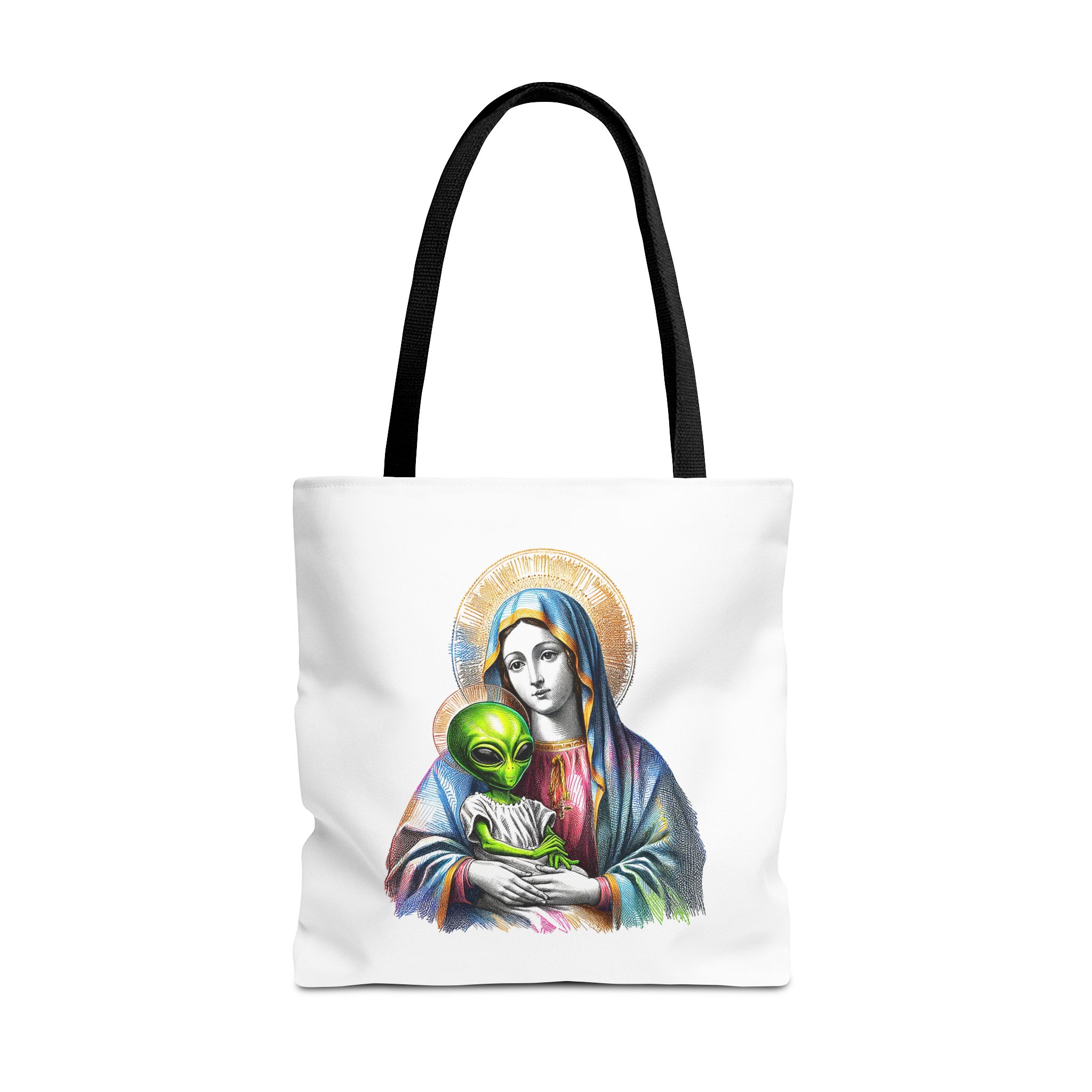 Satiric cute tote bag Boho shoulder bag Alien virgin mary retro shoulder bag fun gift religious design purse unique handbag – Image 5