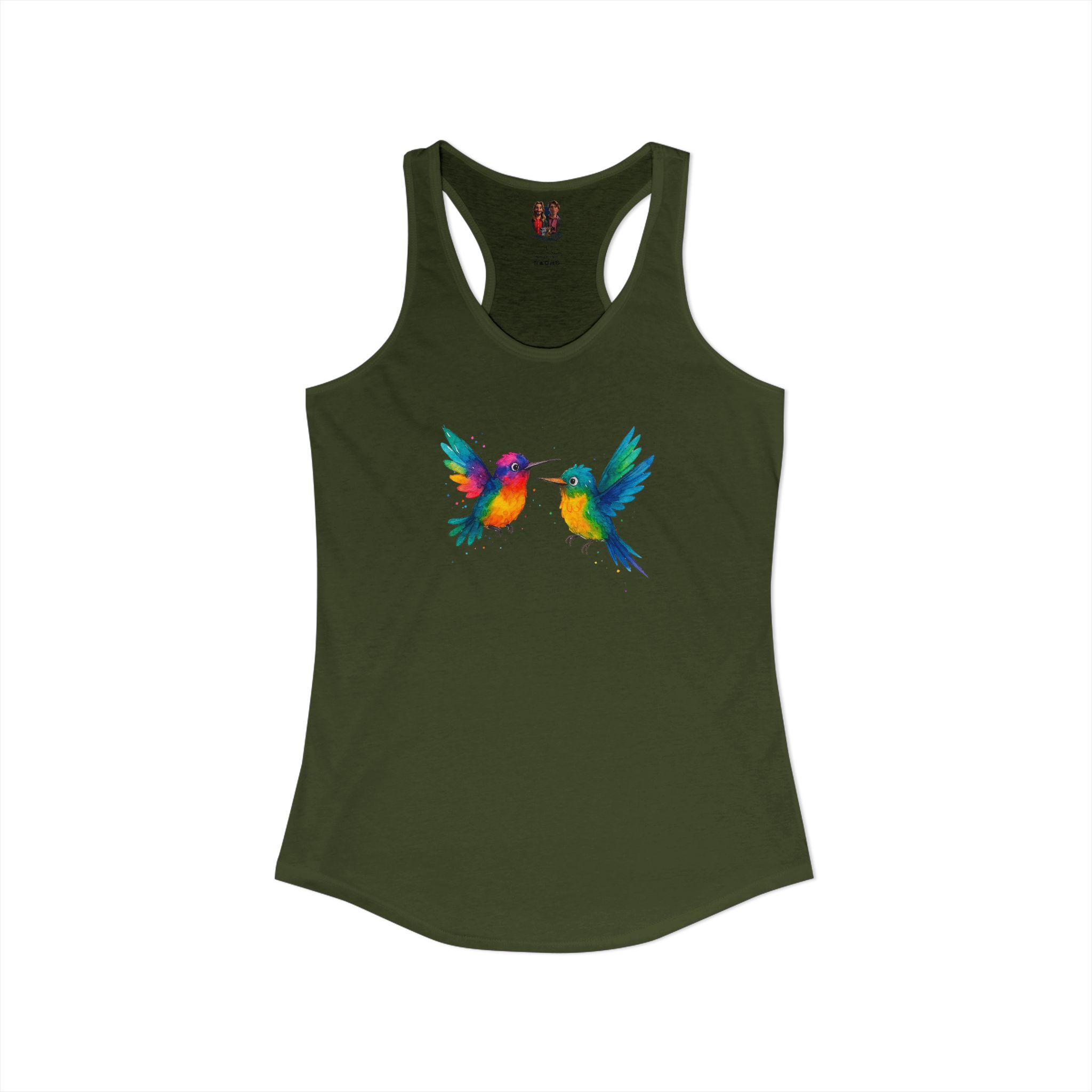 Tank top in olive green featuring a colorful hummingbird graphic design with two hummingbirds facing each other.