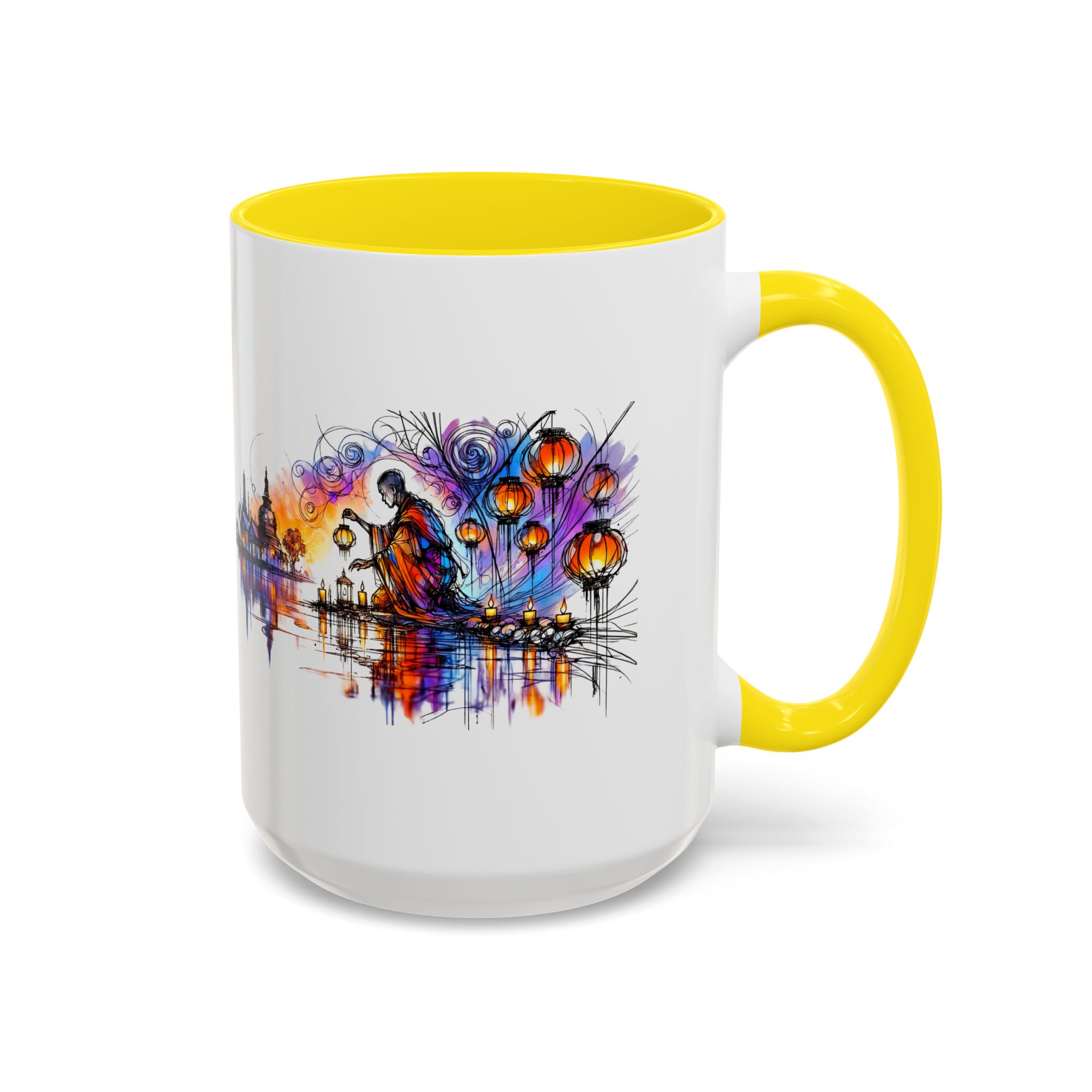 Mug with a colorful artistic design featuring lanterns and a figure by the water.
