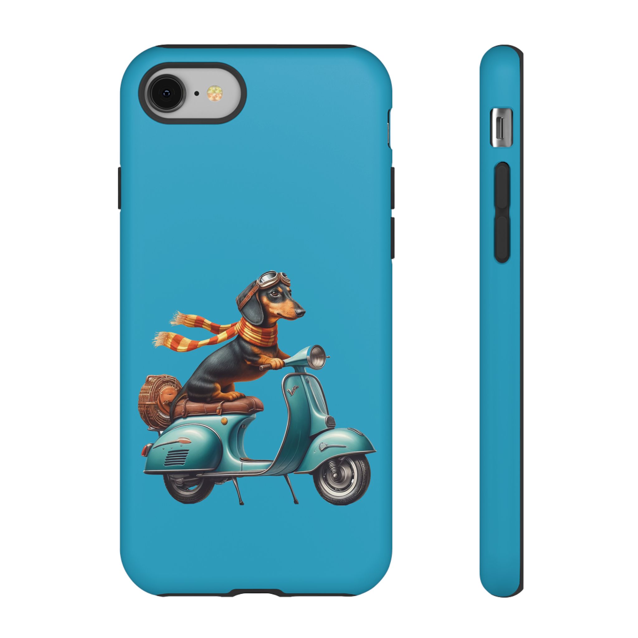Dachshund wearing goggles and a scarf riding a turquoise scooter on a blue background.