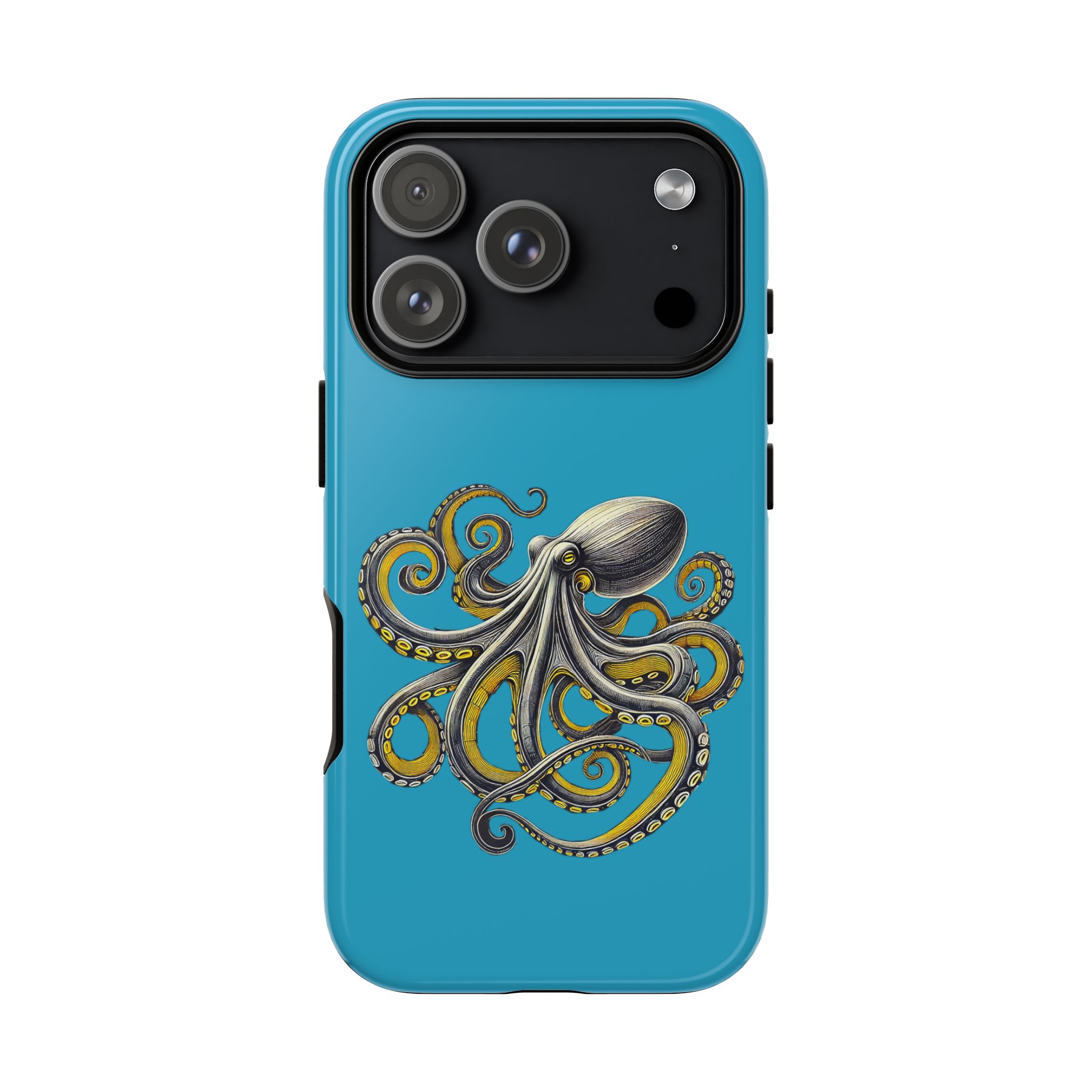 Phone case with a colorful octopus design on a blue background.