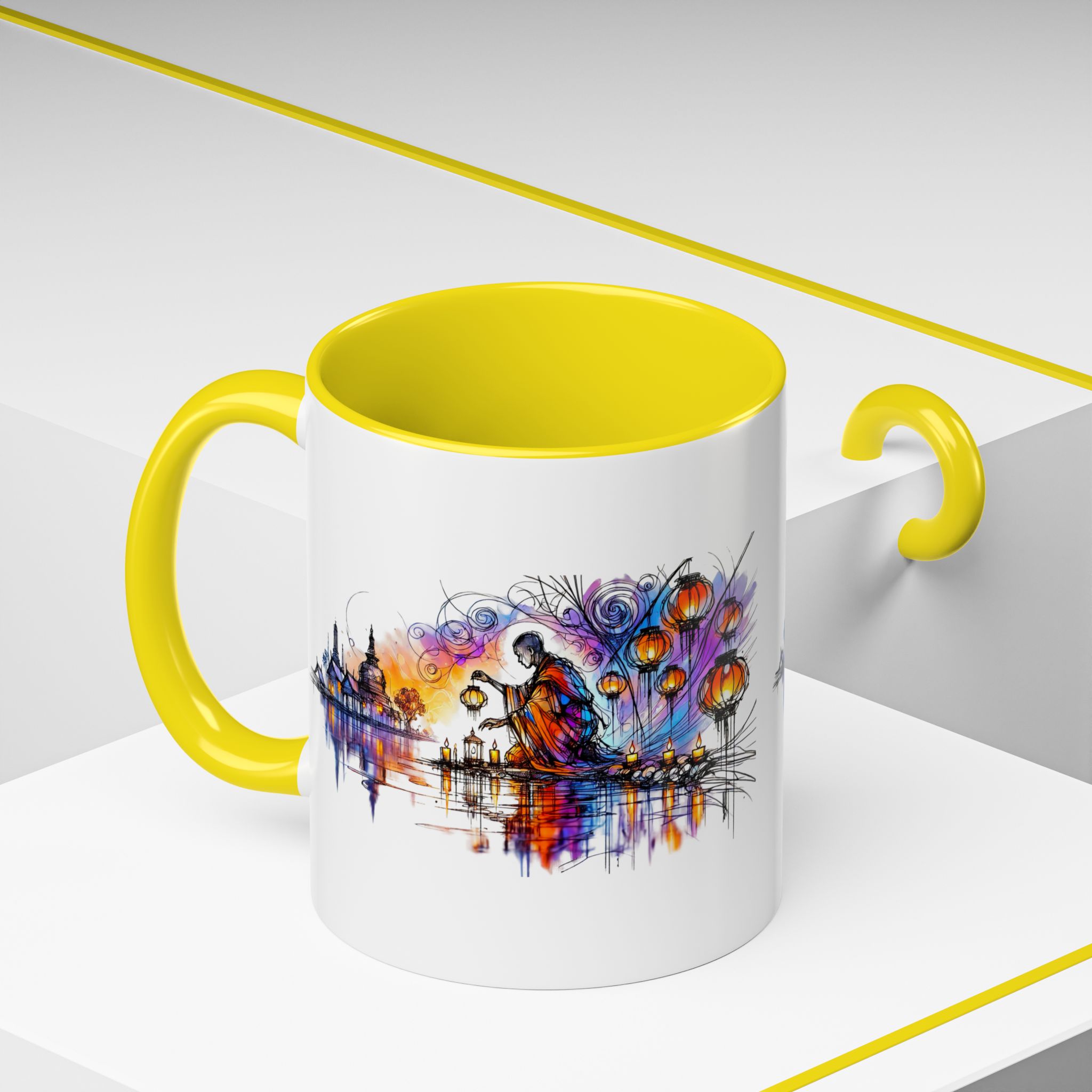 Artistic mug featuring a colorful design with lanterns and a figure, complemented by a yellow handle.