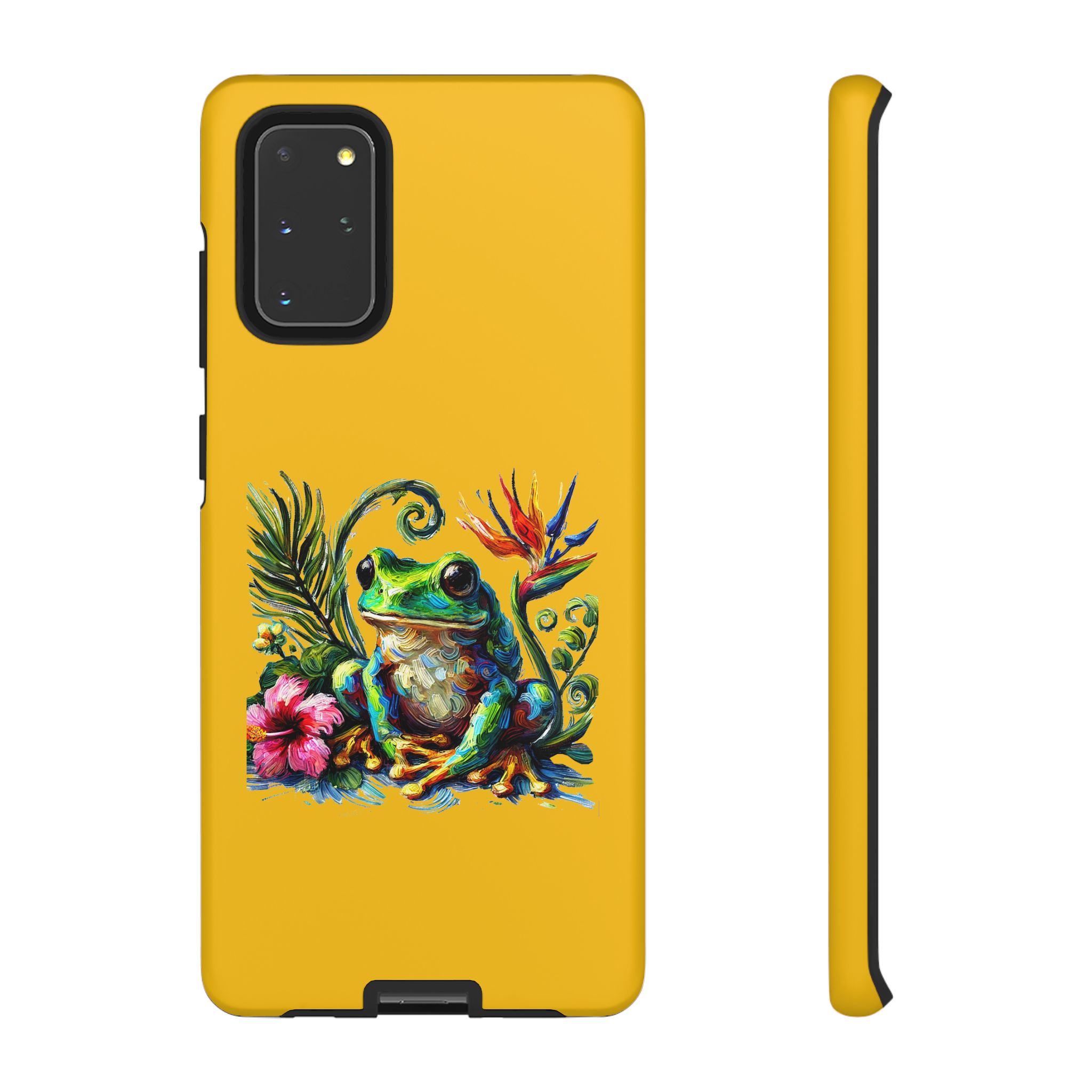 Phone case with a colorful frog design surrounded by tropical flowers and leaves on a yellow background.