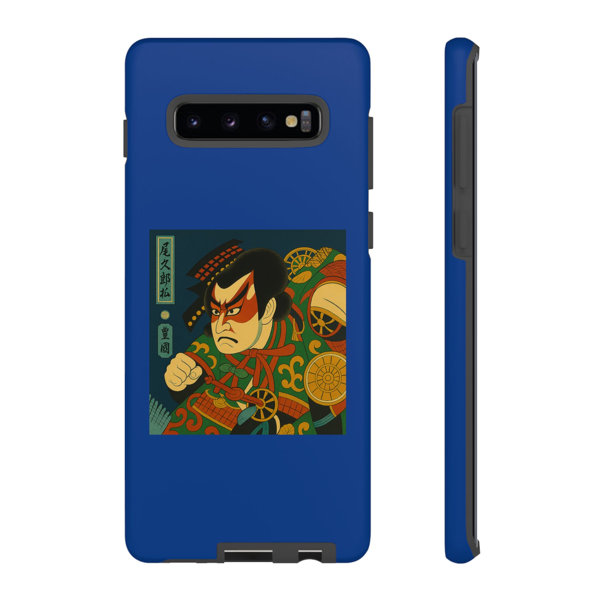 Blue phone case featuring a traditional samurai illustration with intricate details.
