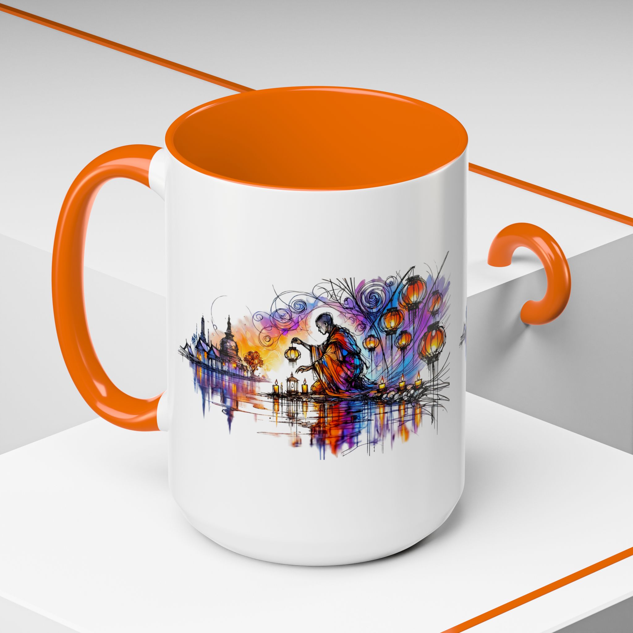Mug with an orange handle and interior featuring an artistic design of a cityscape with lanterns.