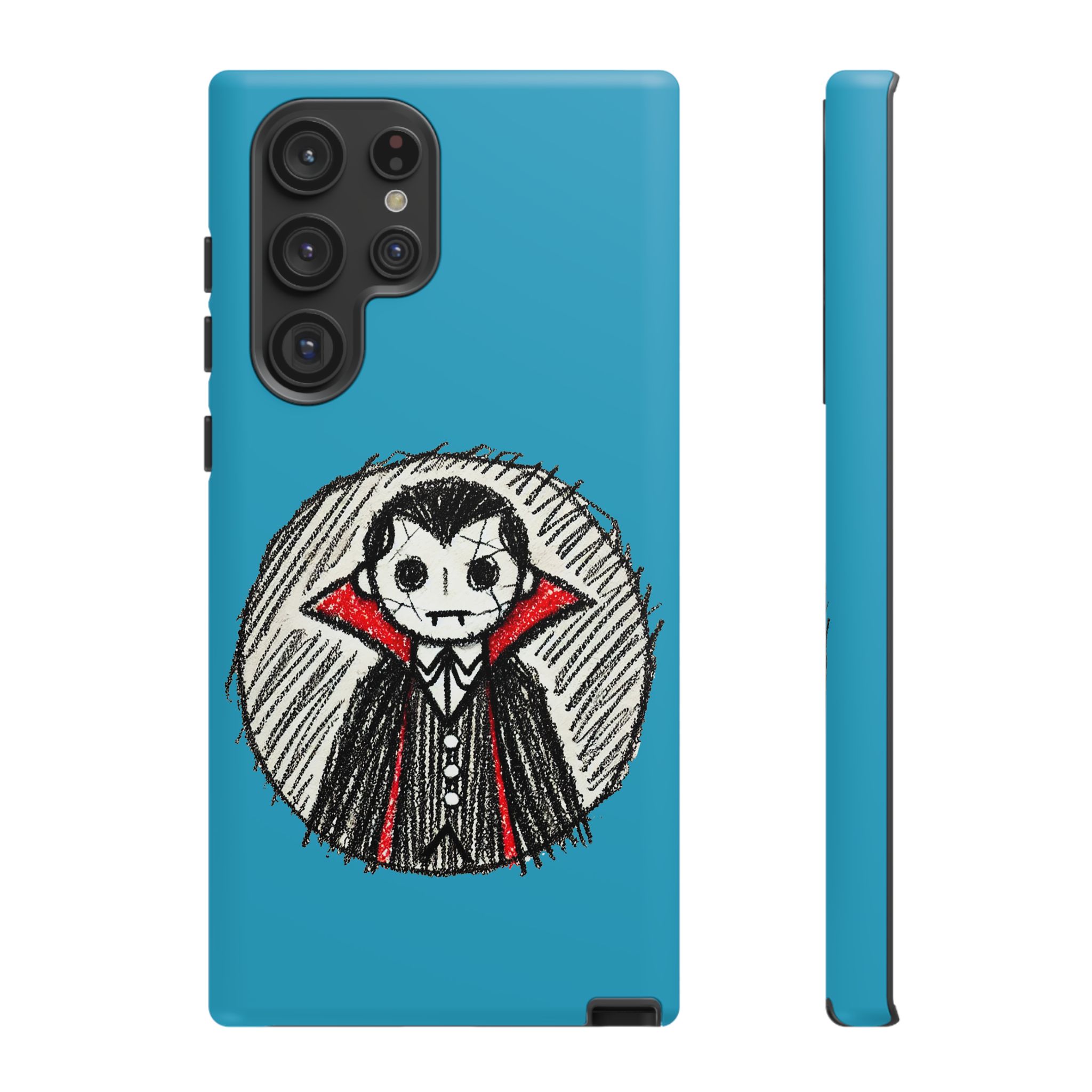 Vampire character illustration on a blue phone case with a simple design.