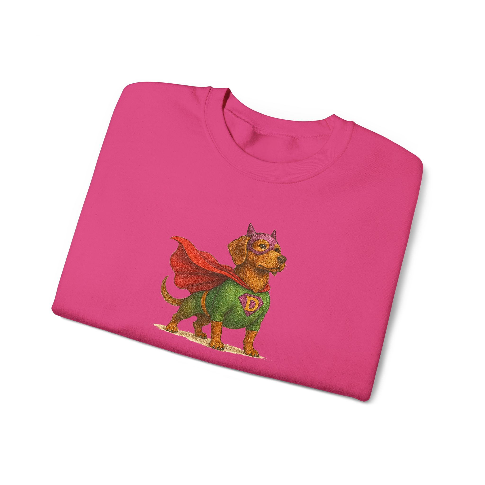Pink t-shirt featuring a cartoon superhero dog with a green outfit and red cape.