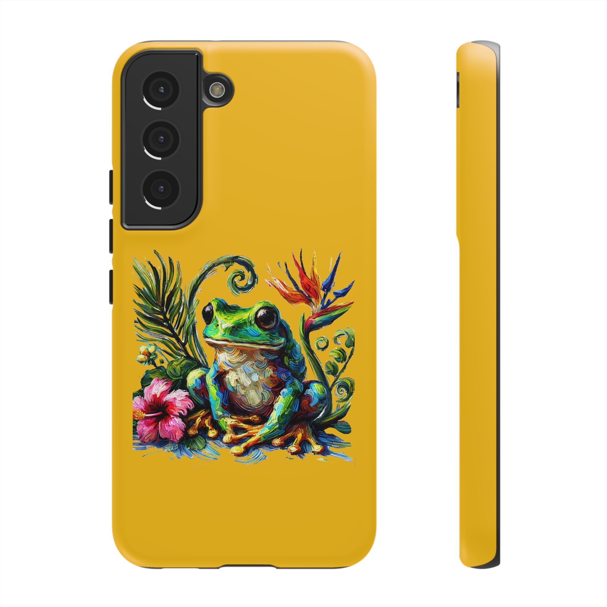 A vibrant phone case featuring a colorful frog surrounded by tropical flowers and foliage.