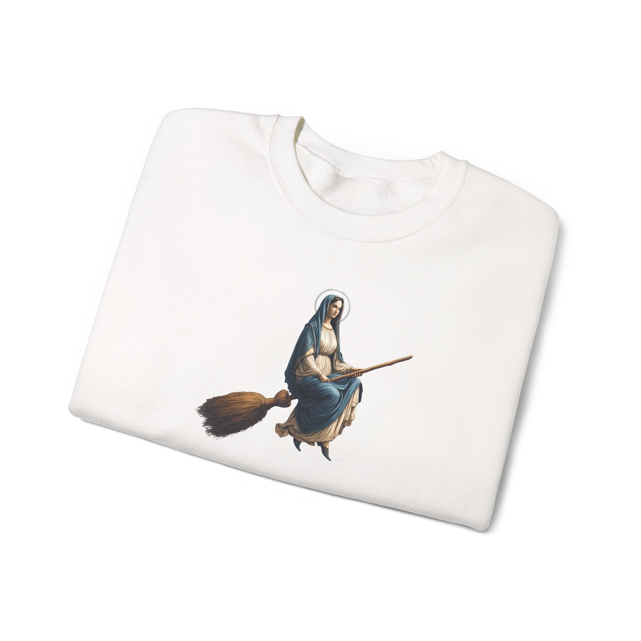 Satiric sweater Virgin Mary witch broom Funny sweatshirt religious print sarcastic print premium apparel unusual clothes - Image 3