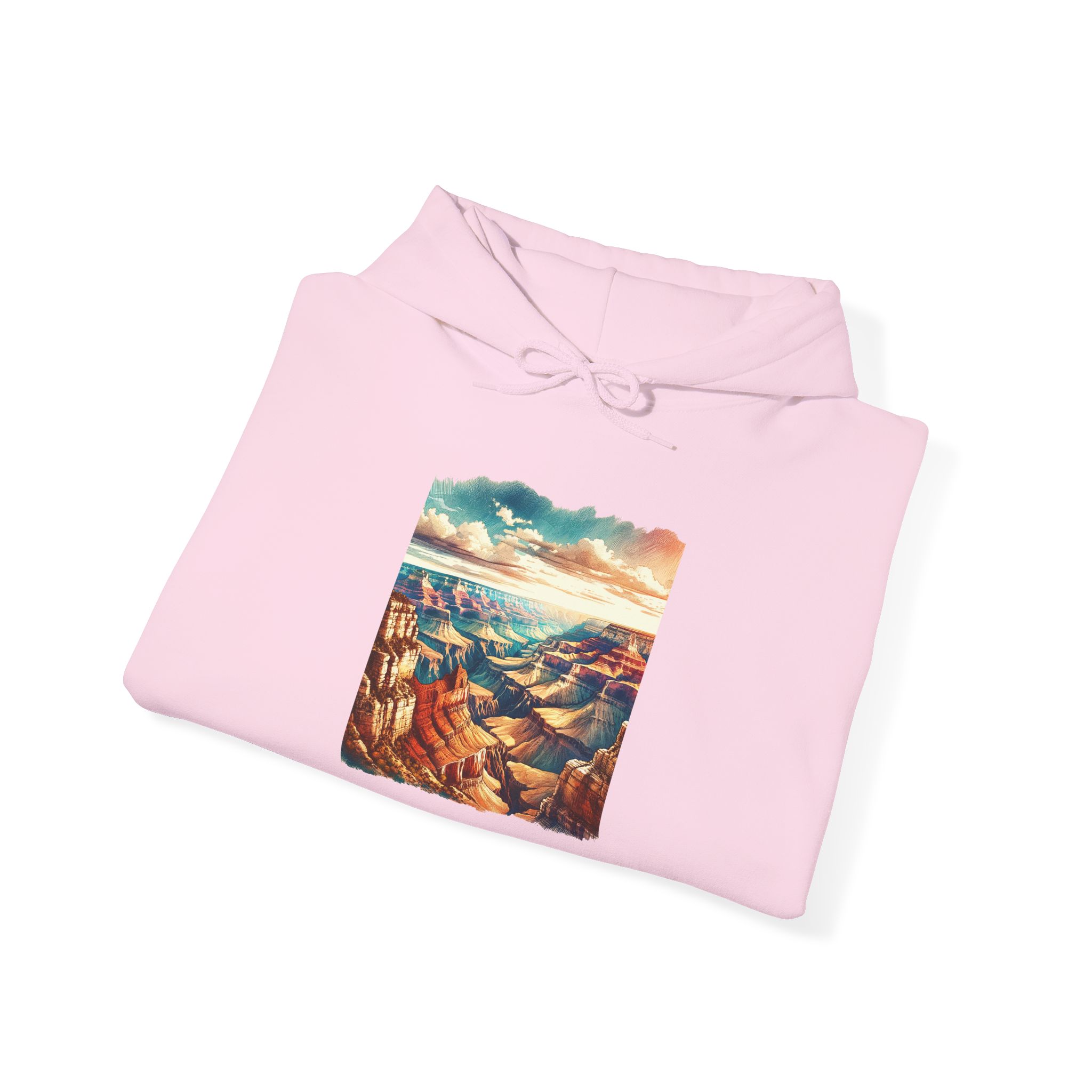 Pink hoodie featuring a colorful illustration of the Grand Canyon on the front.