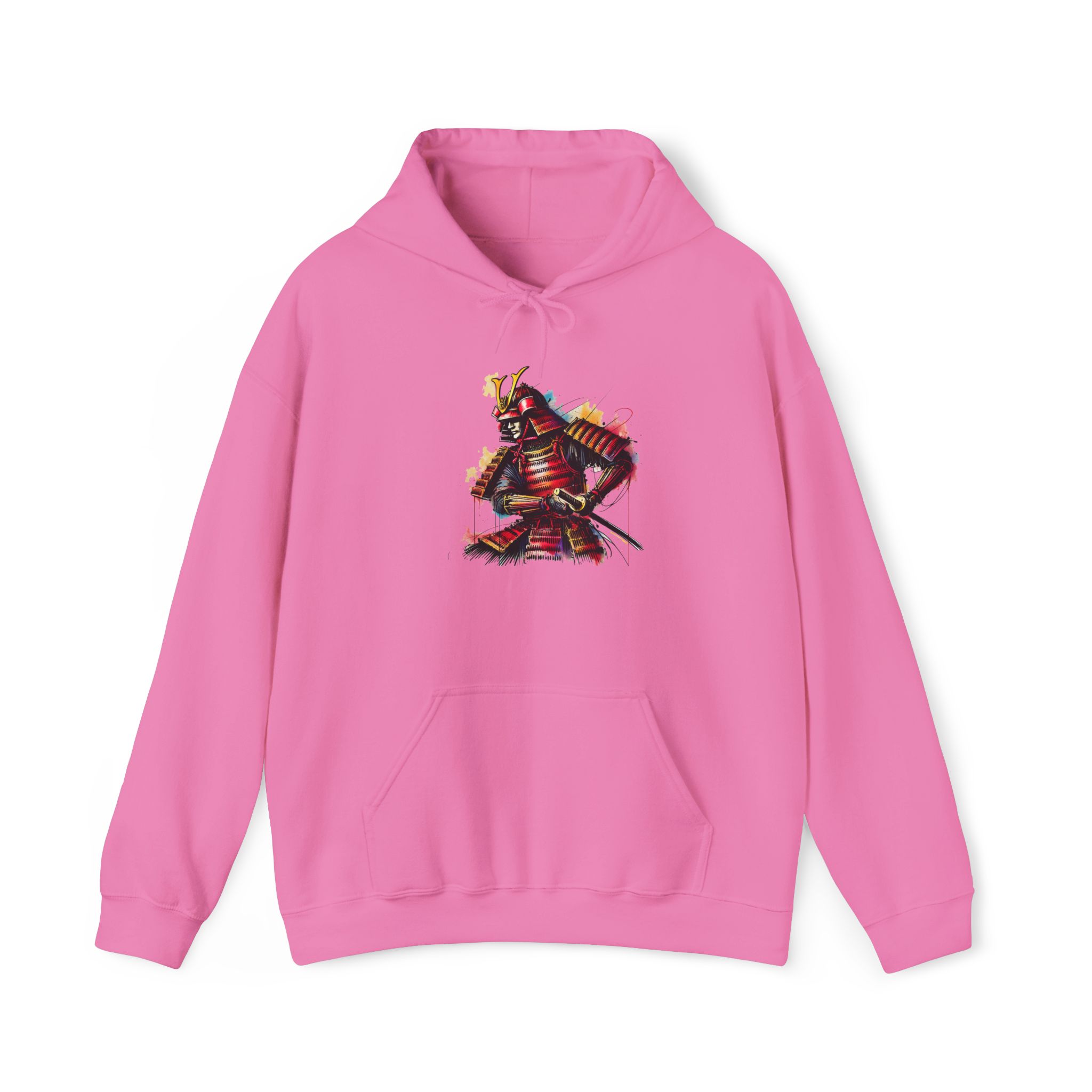 Pink hoodie featuring a colorful samurai graphic design on the front.