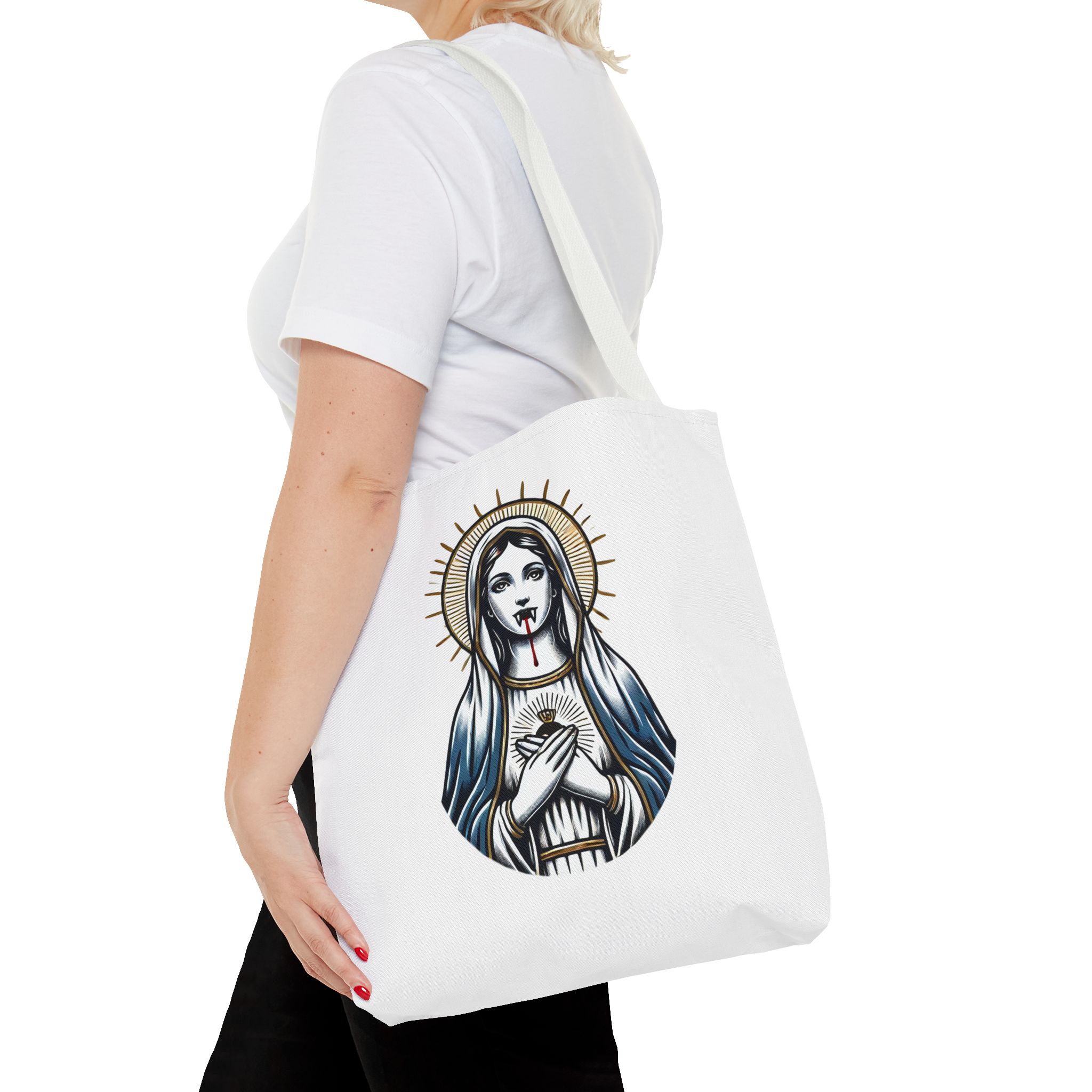 Ironic tote bag vampire Funny Bag virgin mary Canvas Tote bag religious sarcastic clothing gift satirical print cool Handbag purse bag – Image 16