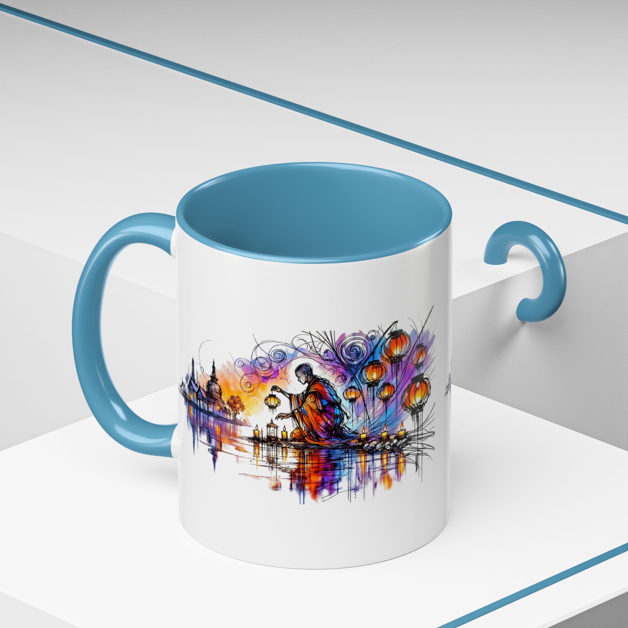 Artistic mug featuring a colorful design with lanterns and a figure by the water.
